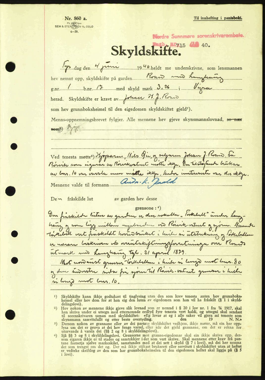 Nordre Sunnmøre sorenskriveri, AV/SAT-A-0006/1/2/2C/2Ca: Mortgage book no. A9, 1940-1940, Diary no: : 715/1940