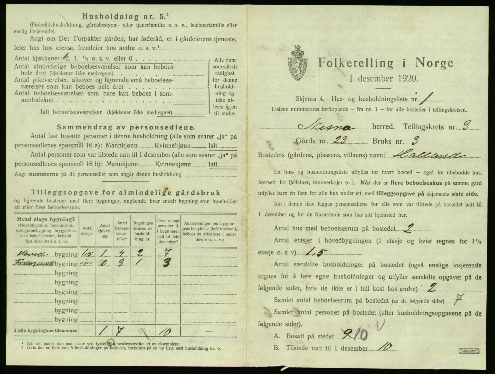 SAT, 1920 census for Nesna, 1920, p. 271