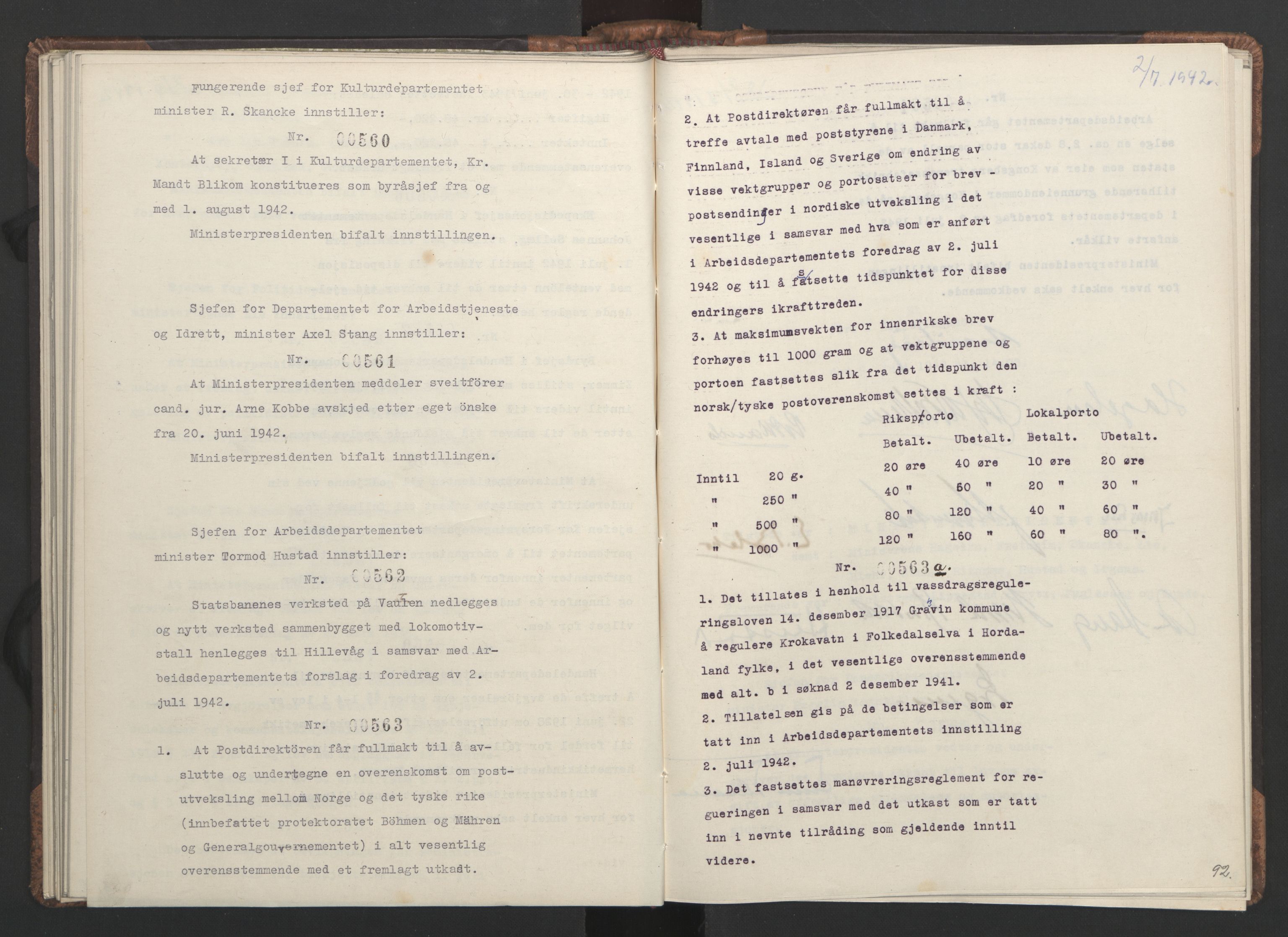 NS-administrasjonen 1940-1945 (Statsrådsekretariatet, de kommisariske statsråder mm), RA/S-4279/D/Da/L0001: Beslutninger og tillegg (1-952 og 1-32), 1942, p. 95