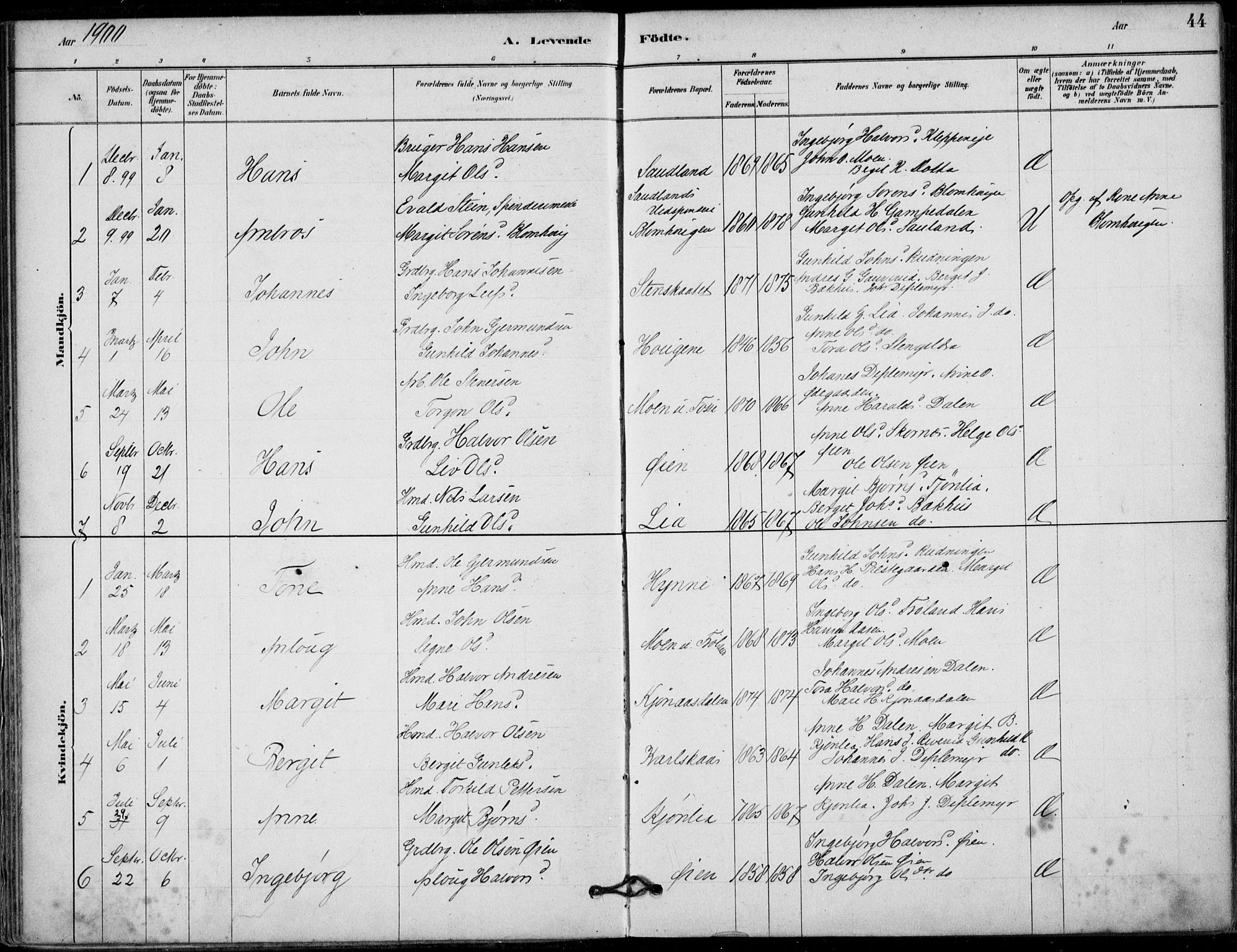 Hjartdal kirkebøker, SAKO/A-270/F/Fb/L0002: Parish register (official) no. II 2, 1880-1932, p. 44
