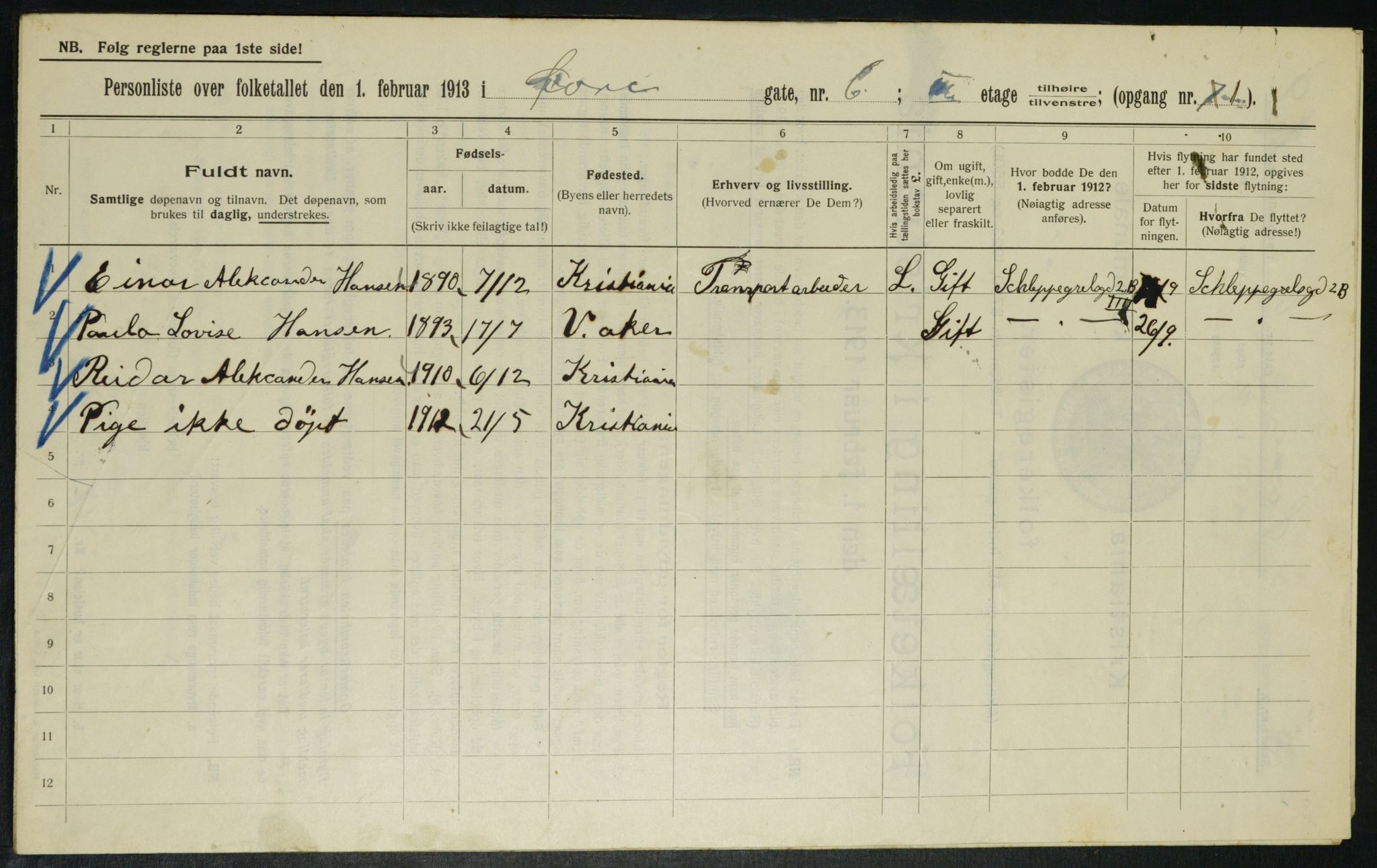 OBA, Municipal Census 1913 for Kristiania, 1913, p. 129772