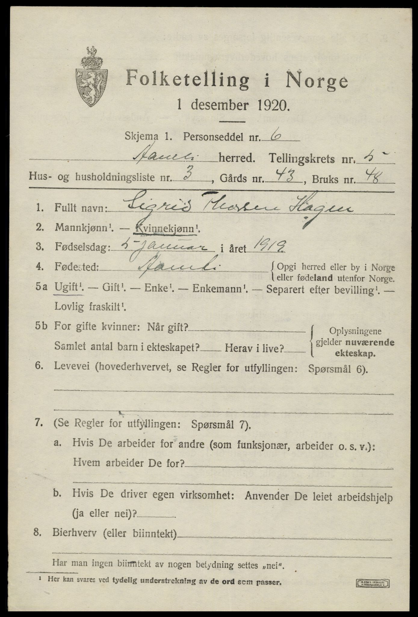 SAK, 1920 census for Åmli, 1920, p. 2317