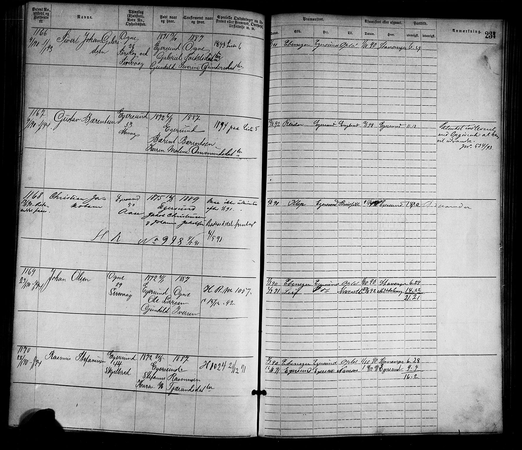 Egersund mønstringskrets, SAK/2031-0019/F/Fa/L0001: Annotasjonsrulle nr 1-1440 med register, O-1, 1869-1895, p. 259
