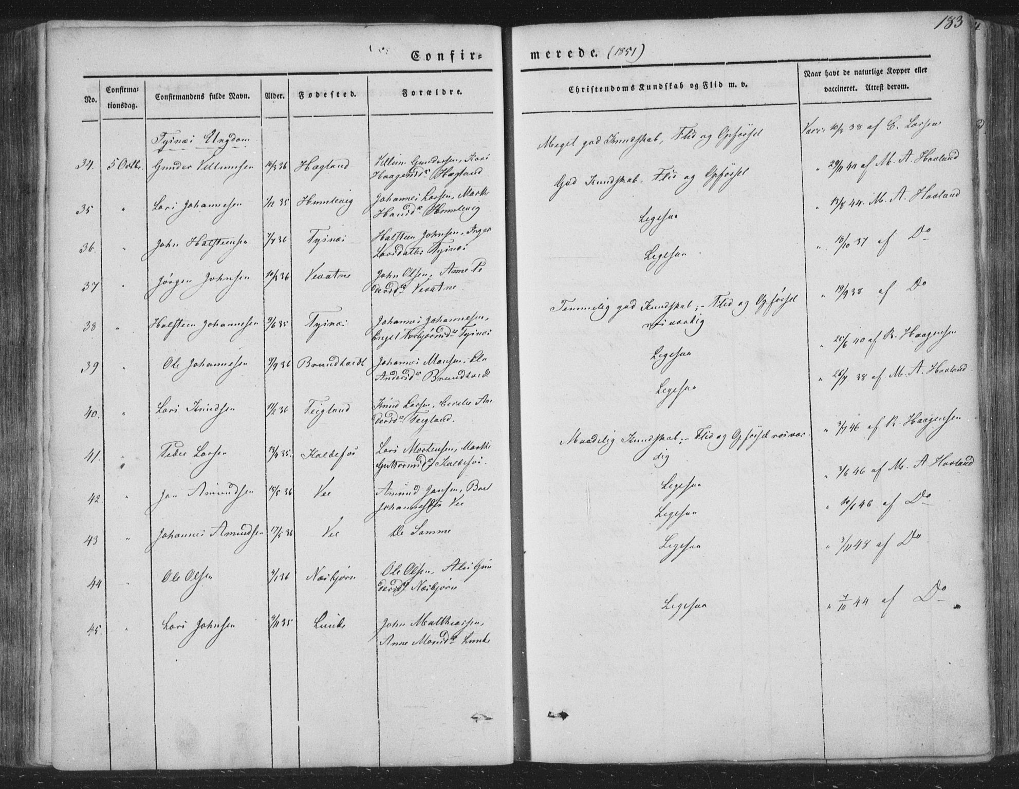 Tysnes sokneprestembete, AV/SAB-A-78601/H/Haa: Parish register (official) no. A 10, 1848-1859, p. 183