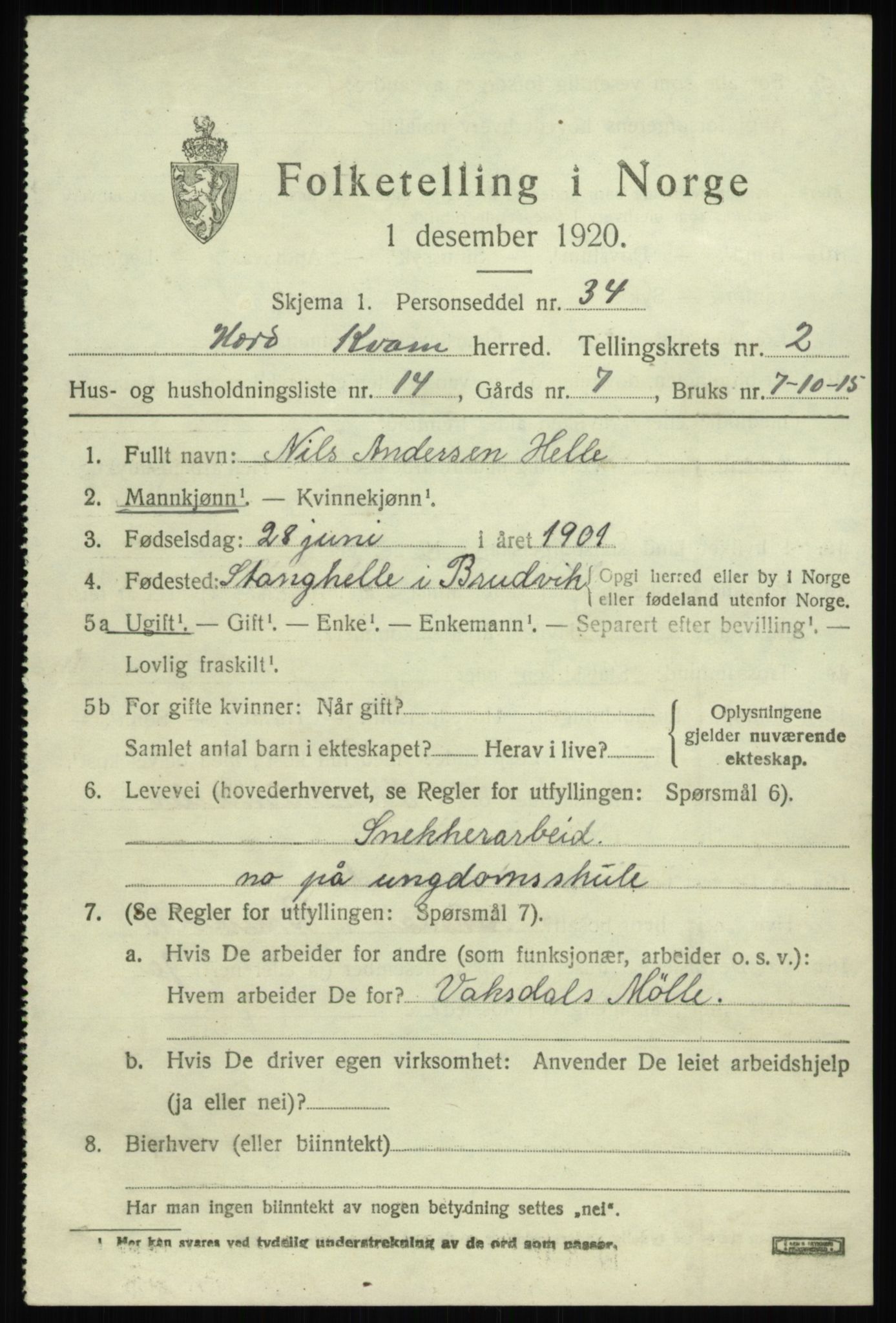 SAB, 1920 census for Kvam, 1920, p. 2037