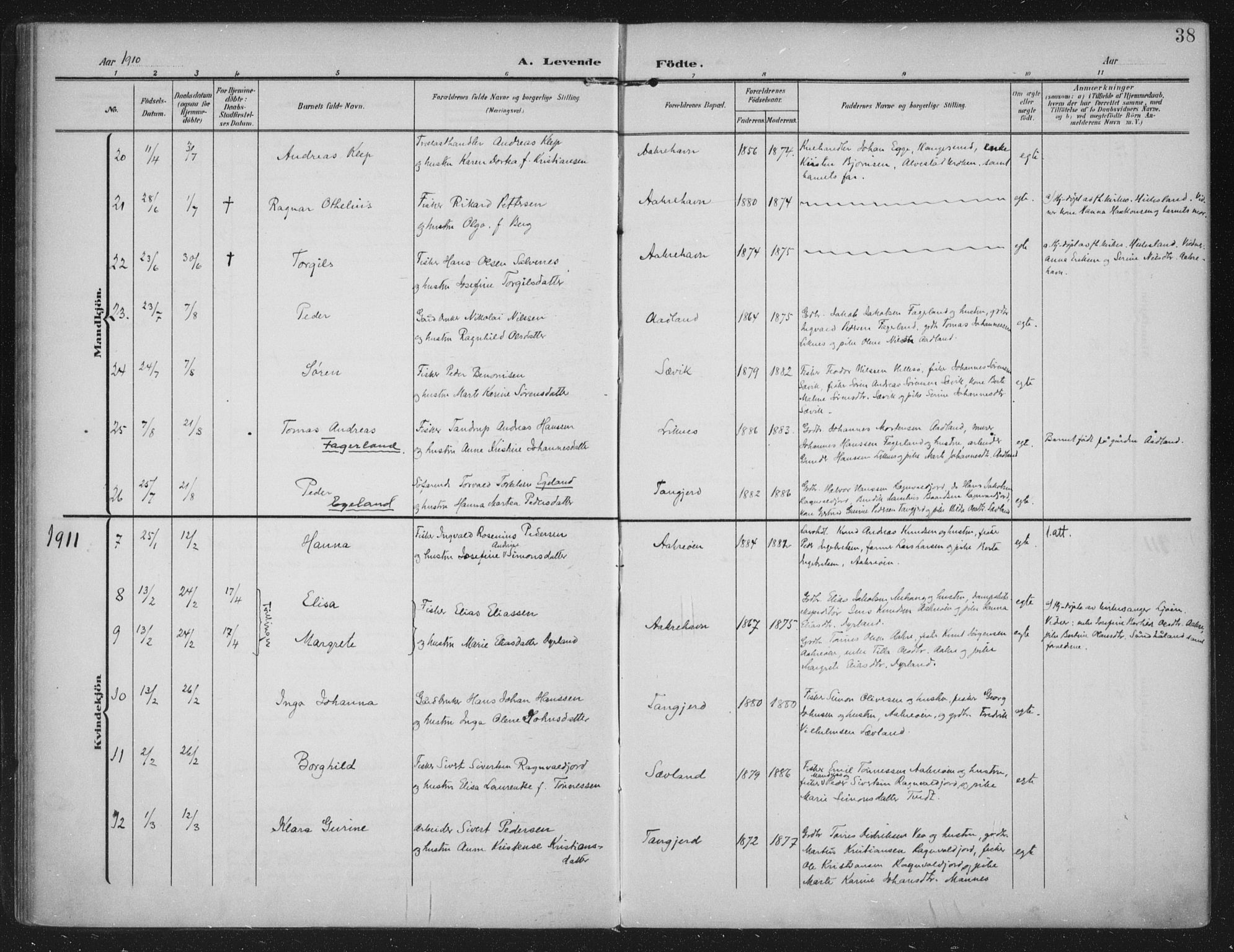 Kopervik sokneprestkontor, SAST/A-101850/H/Ha/Haa/L0005: Parish register (official) no. A 5, 1906-1924, p. 38