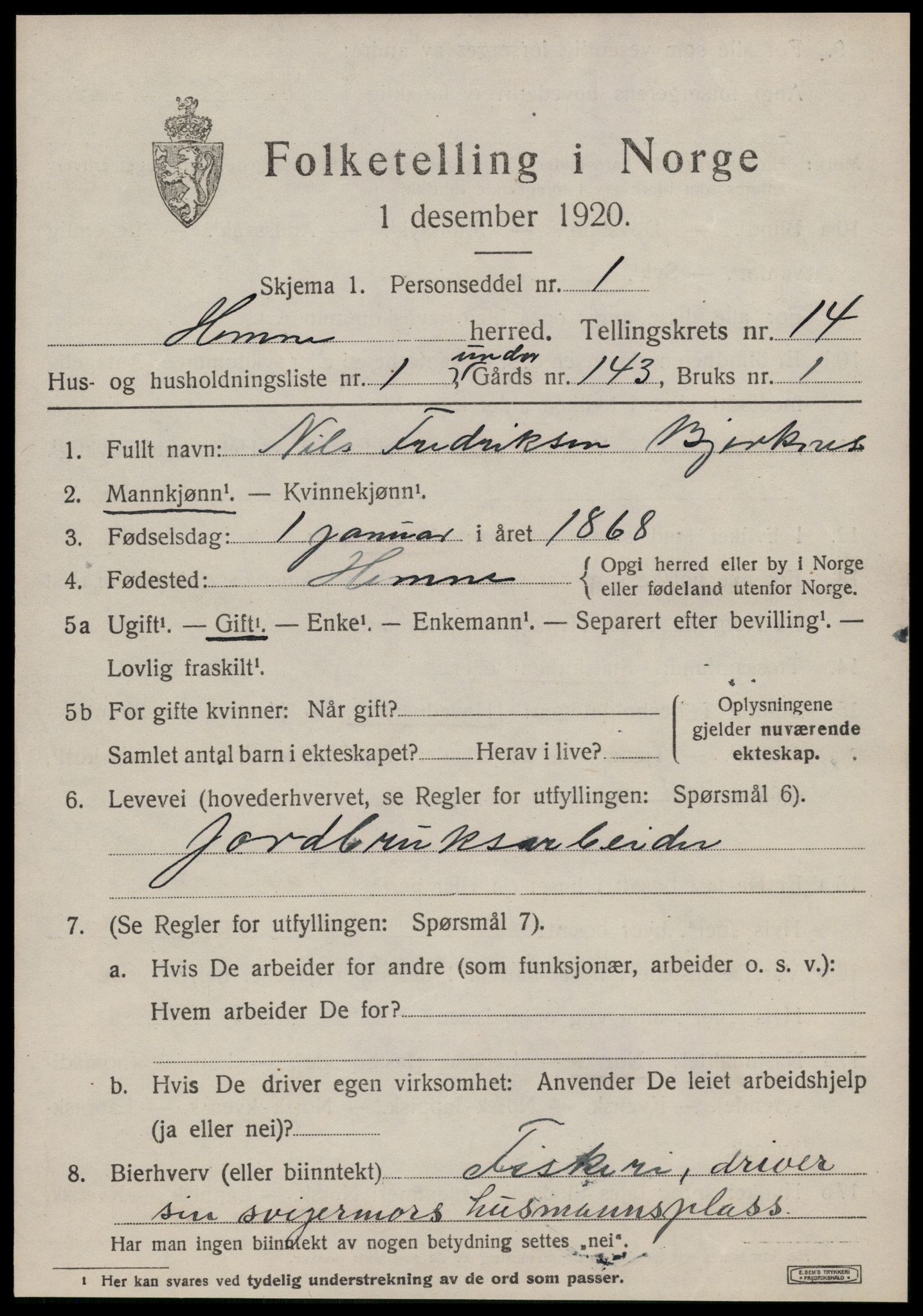 SAT, 1920 census for Hemne, 1920, p. 7930