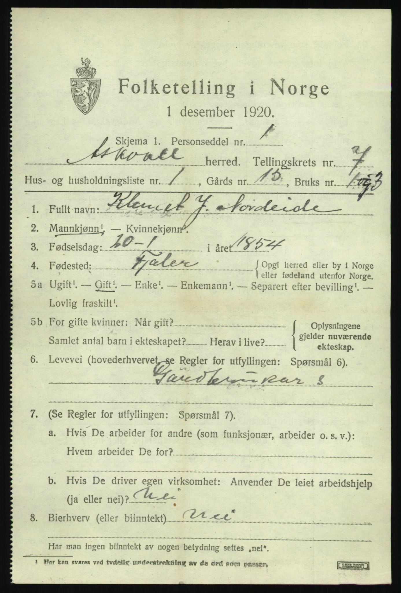 SAB, 1920 census for Askvoll, 1920, p. 3266