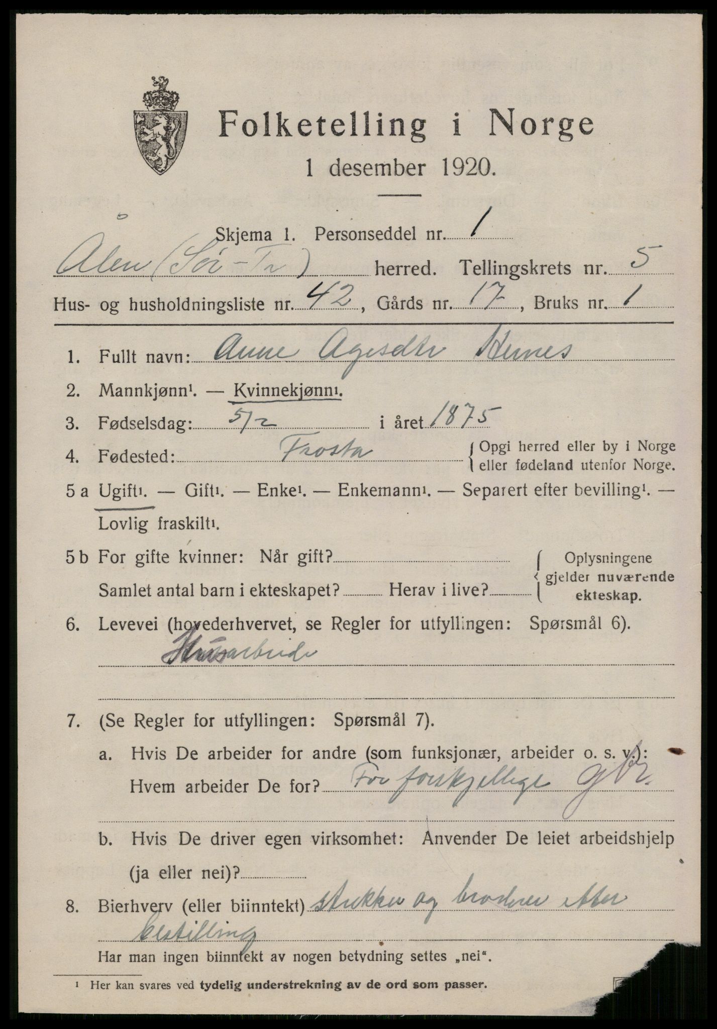 SAT, 1920 census for Ålen, 1920, p. 2914