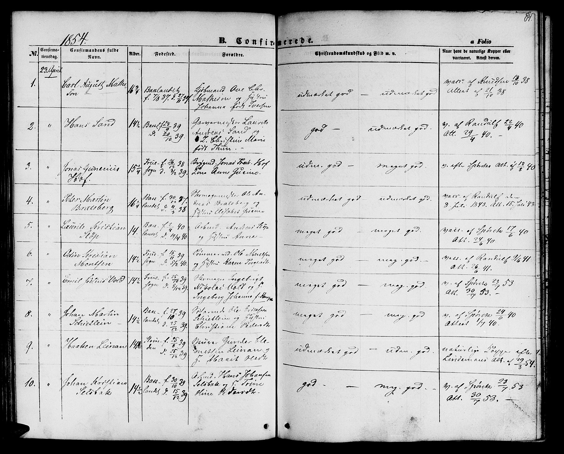Ministerialprotokoller, klokkerbøker og fødselsregistre - Sør-Trøndelag, SAT/A-1456/604/L0184: Parish register (official) no. 604A05, 1851-1860, p. 84