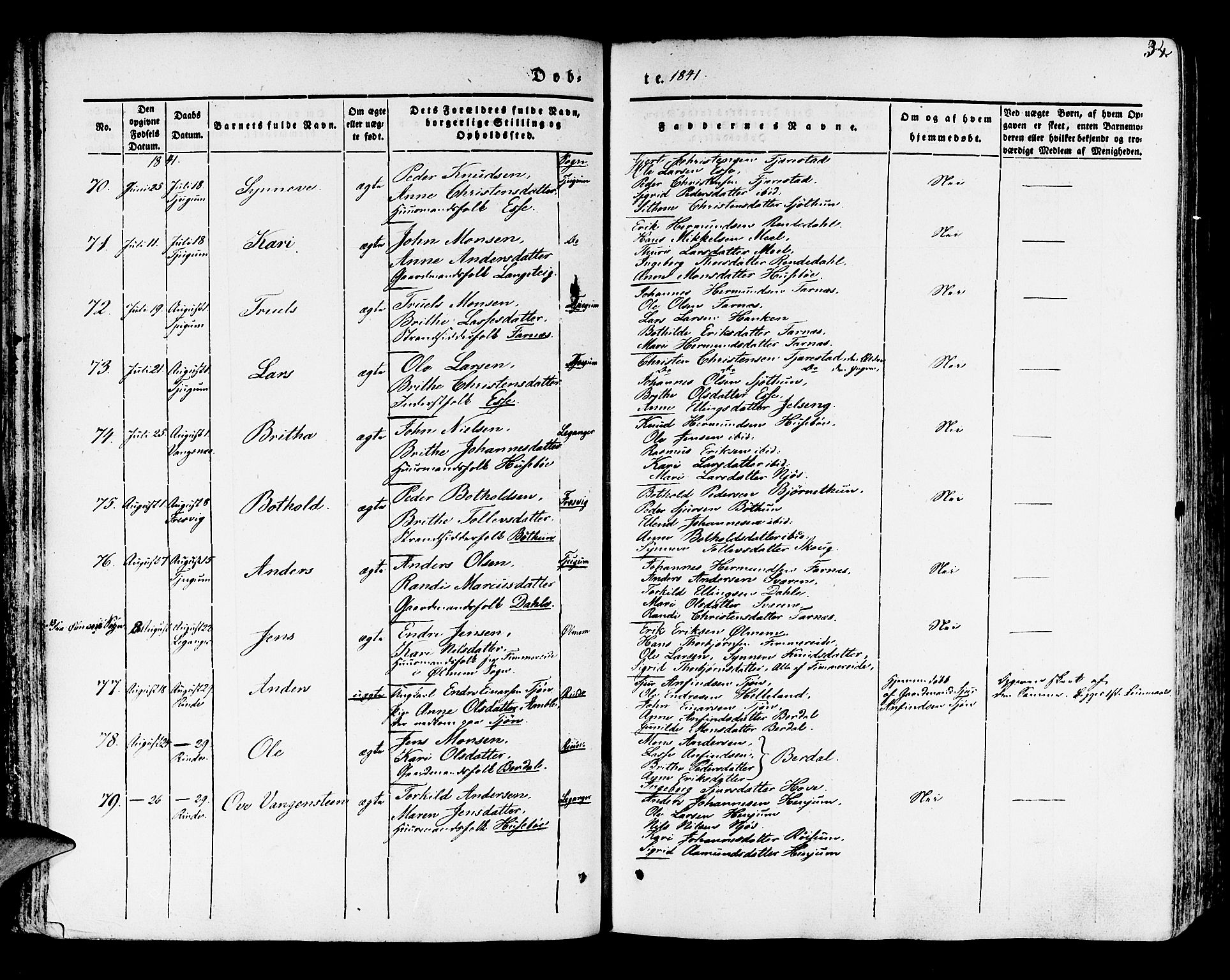 Leikanger sokneprestembete, AV/SAB-A-81001/H/Haa/Haaa/L0007: Parish register (official) no. A 7, 1838-1851, p. 34