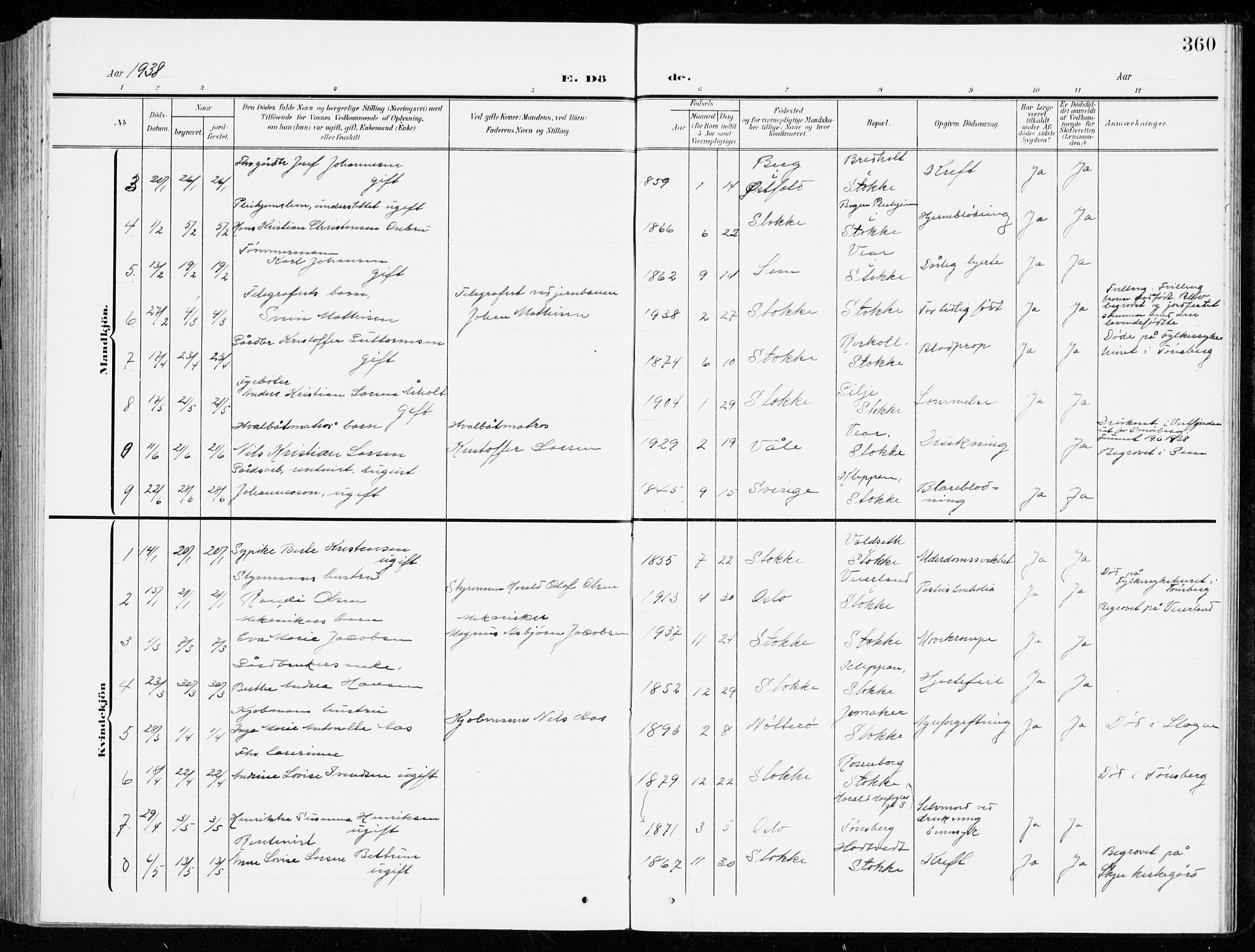 Stokke kirkebøker, AV/SAKO-A-320/G/Ga/L0001: Parish register (copy) no. I 1, 1904-1940, p. 360