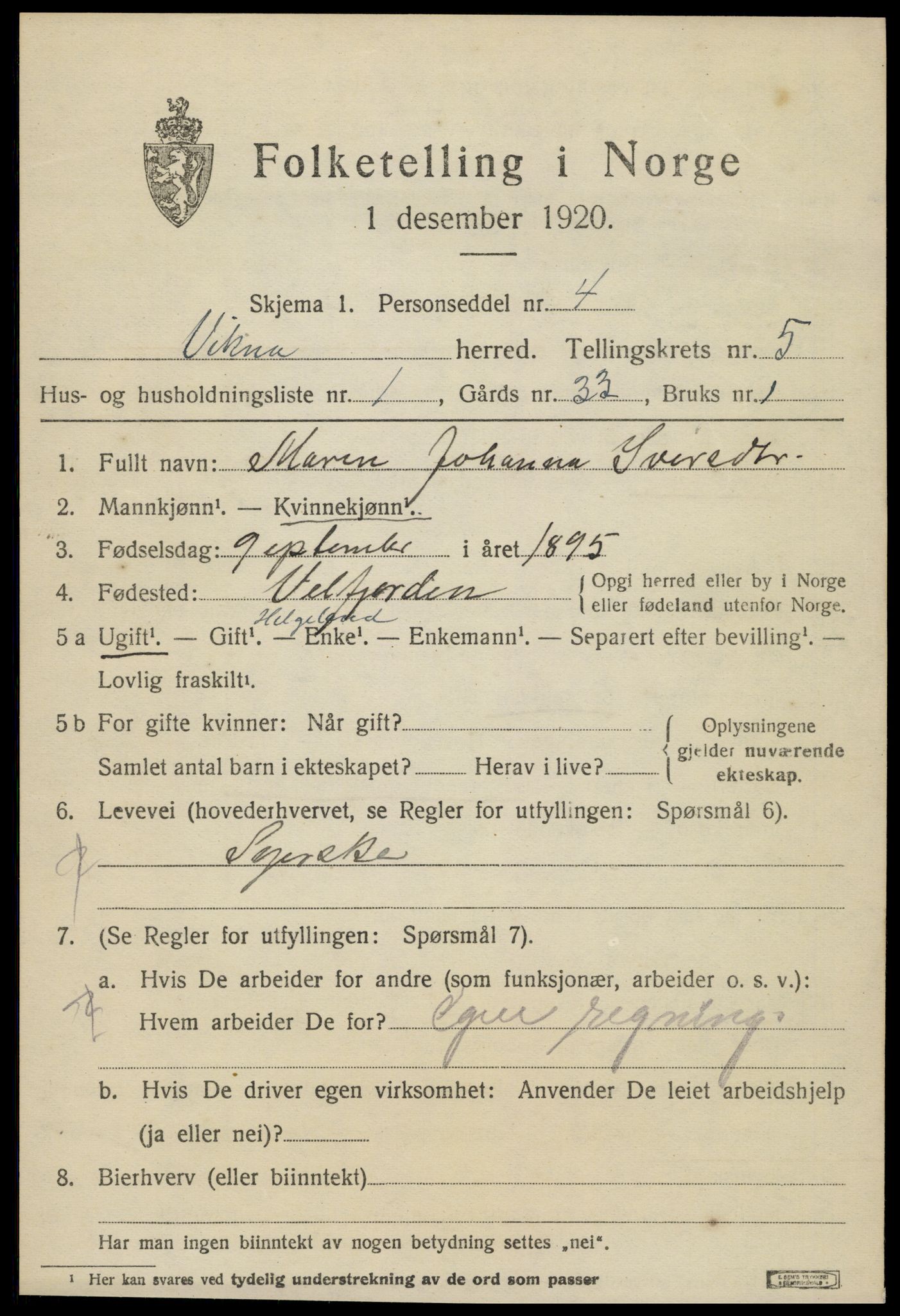 SAT, 1920 census for Vikna, 1920, p. 4625