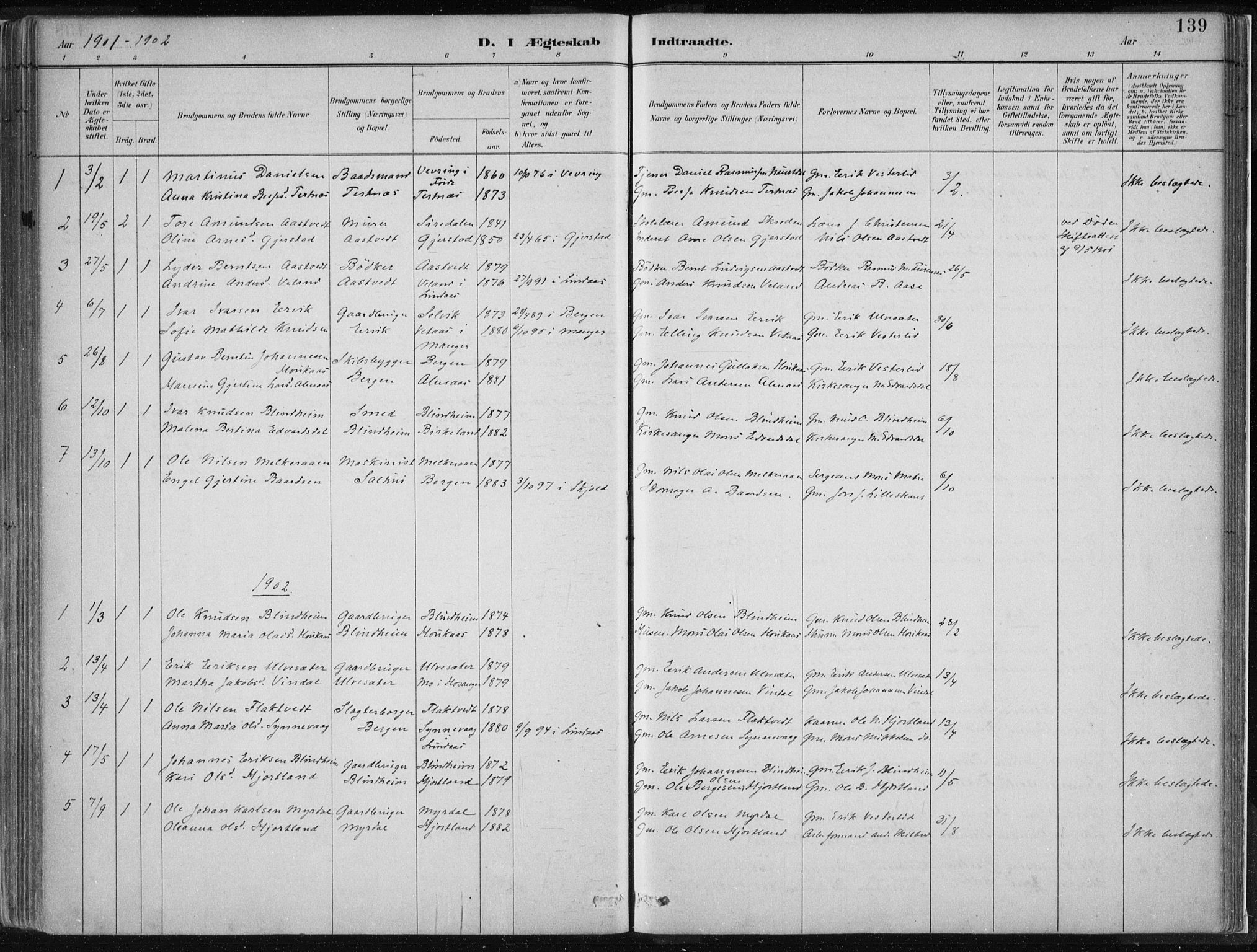 Hamre sokneprestembete, SAB/A-75501/H/Ha/Haa/Haad/L0001: Parish register (official) no. D  1, 1882-1906, p. 139