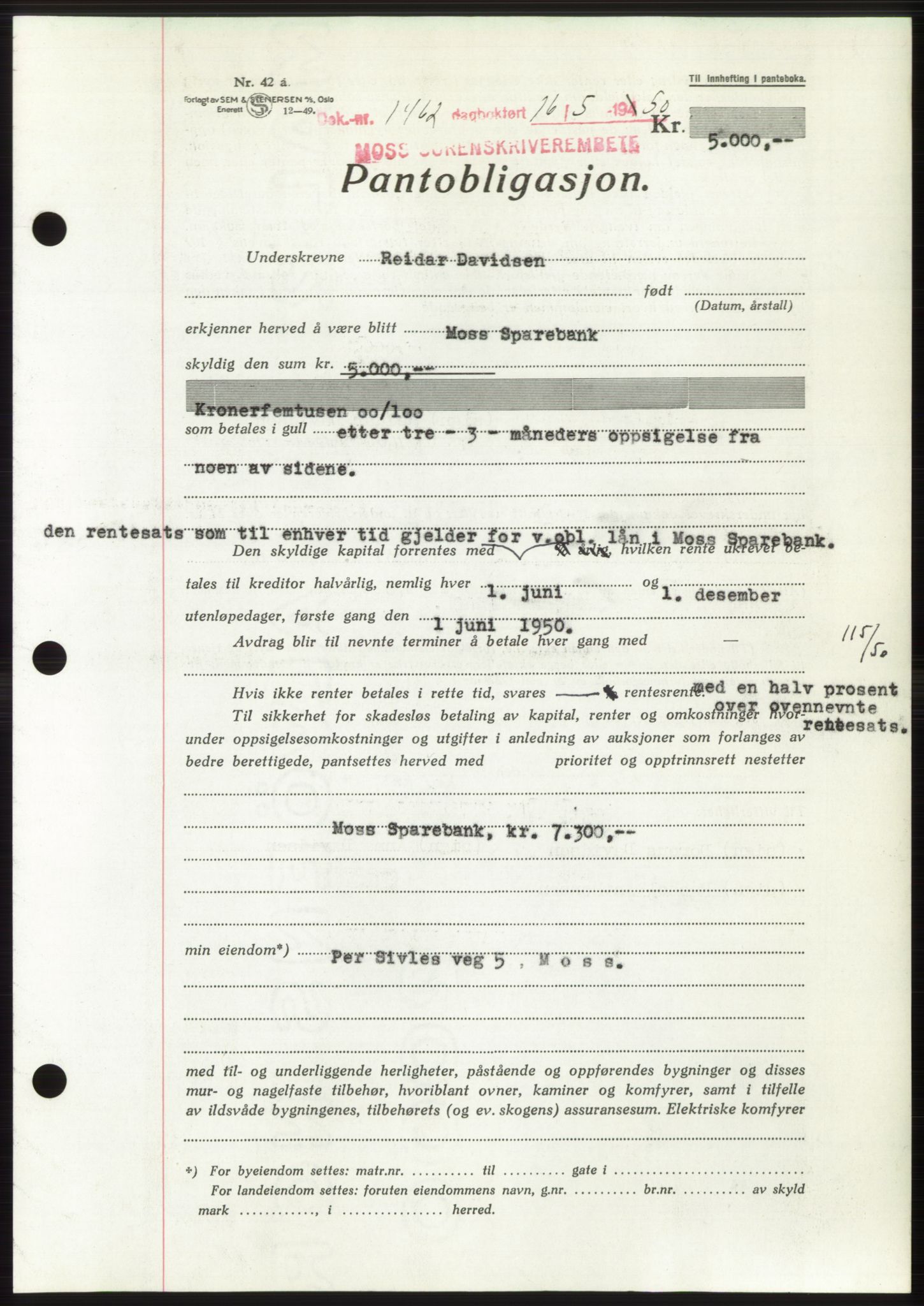 Moss sorenskriveri, AV/SAO-A-10168: Mortgage book no. B24, 1950-1950, Diary no: : 1462/1950