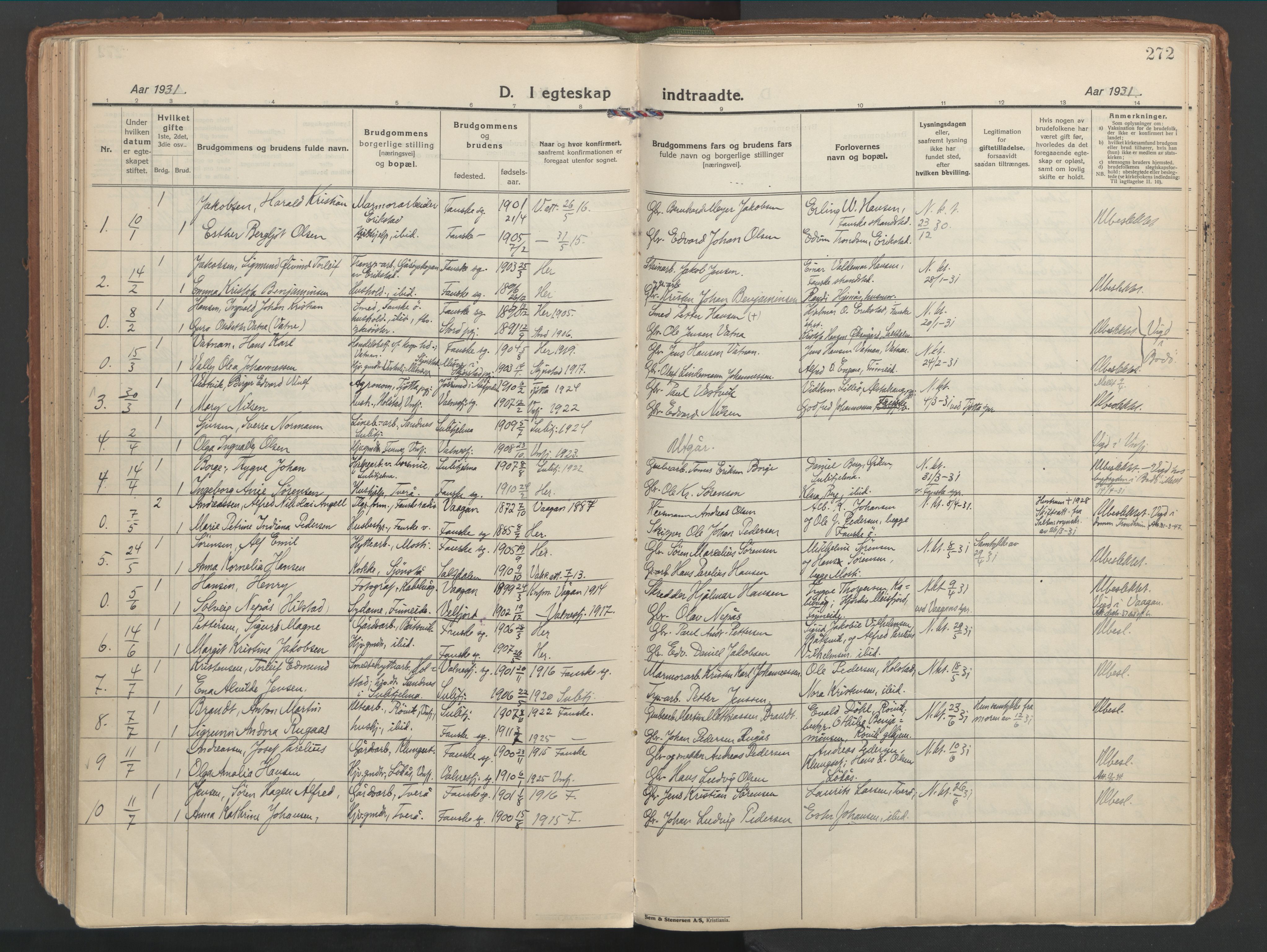 Ministerialprotokoller, klokkerbøker og fødselsregistre - Nordland, SAT/A-1459/849/L0699: Parish register (official) no. 849A10, 1924-1937, p. 272
