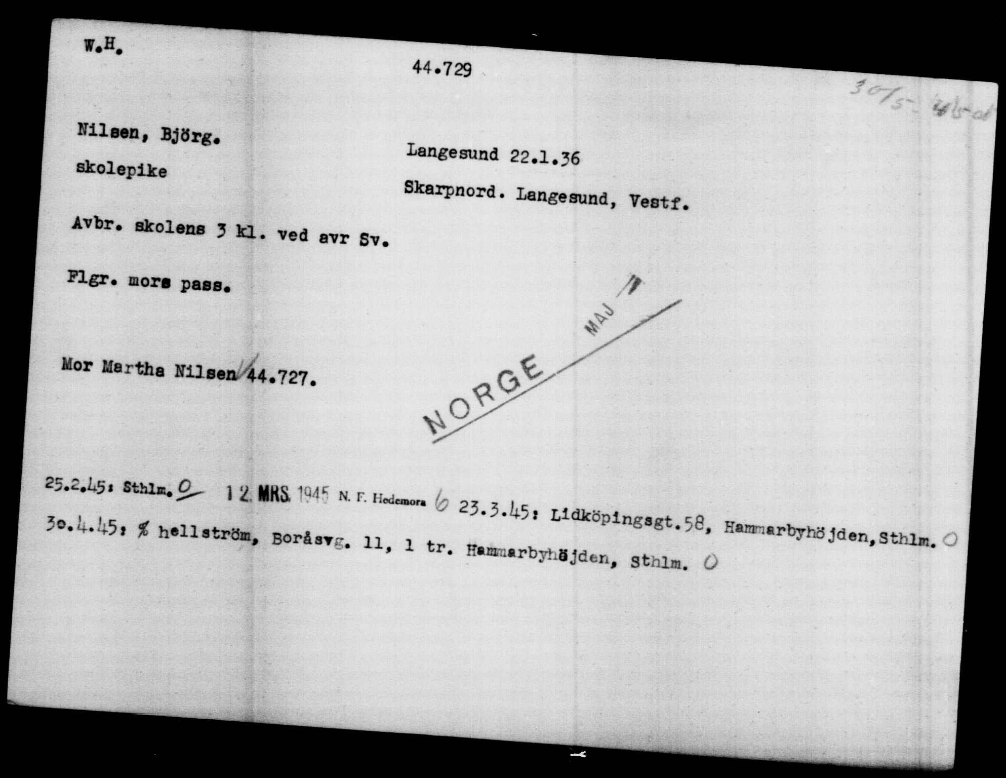 Utenriksstasjonene, Legasjonen i Stockholm, Flyktningkontoret, AV/RA-S-6753/V/Va/L0017: Kjesäterkartoteket, flyktninger med registreringsnr. 43400-46318, 1940-1945, p. 1395