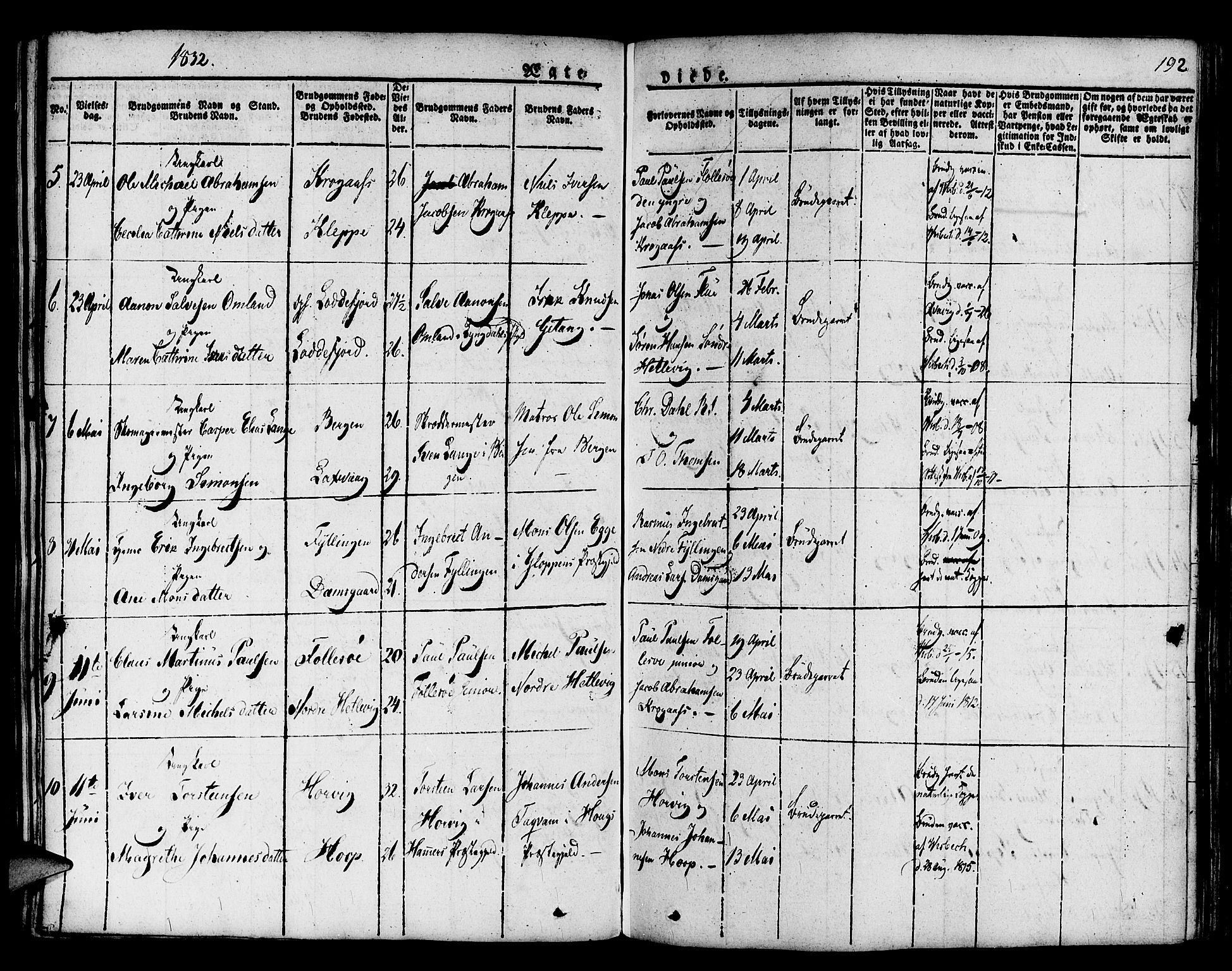 Askøy Sokneprestembete, AV/SAB-A-74101/H/Ha/Haa/Haaa/L0004: Parish register (official) no. A 4, 1825-1845, p. 192