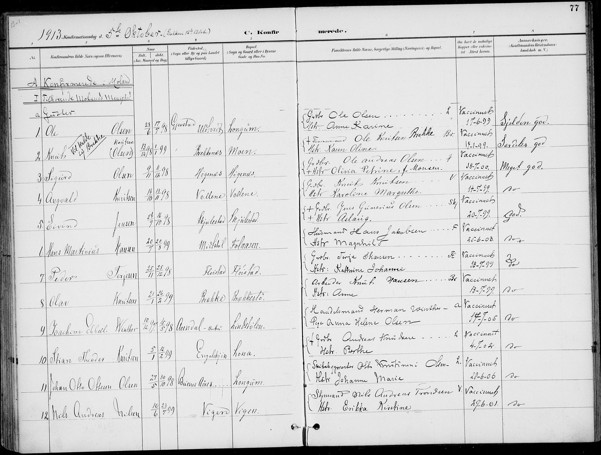 Austre Moland sokneprestkontor, SAK/1111-0001/F/Fa/Faa/L0011: Parish register (official) no. A 11, 1894-1915, p. 77