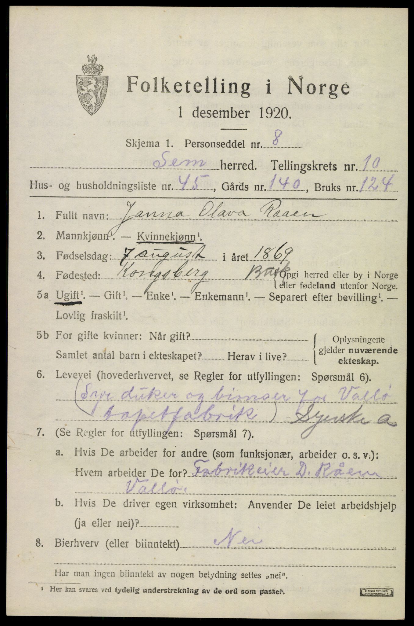 SAKO, 1920 census for Sem, 1920, p. 14079
