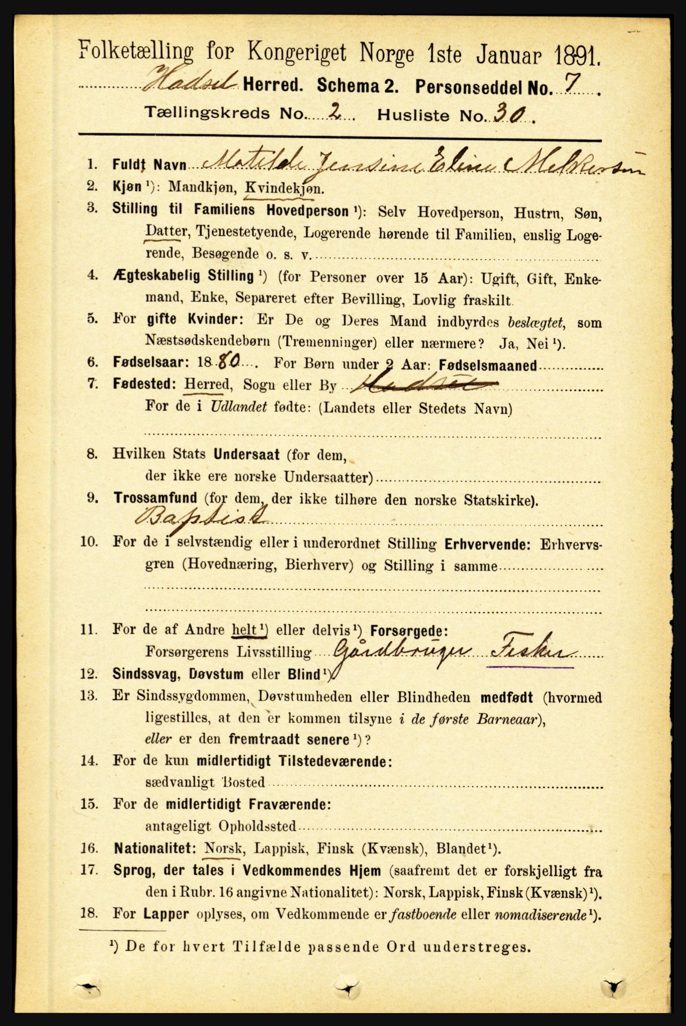 RA, 1891 census for 1866 Hadsel, 1891, p. 846