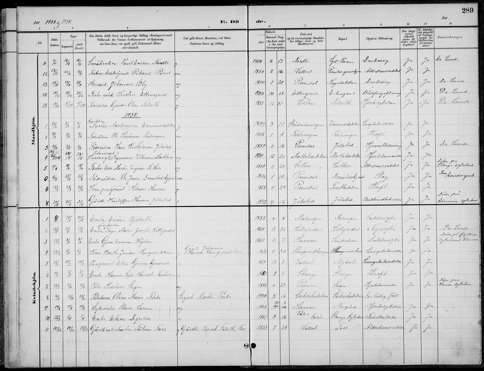 Romedal prestekontor, AV/SAH-PREST-004/L/L0013: Parish register (copy) no. 13, 1896-1937, p. 289