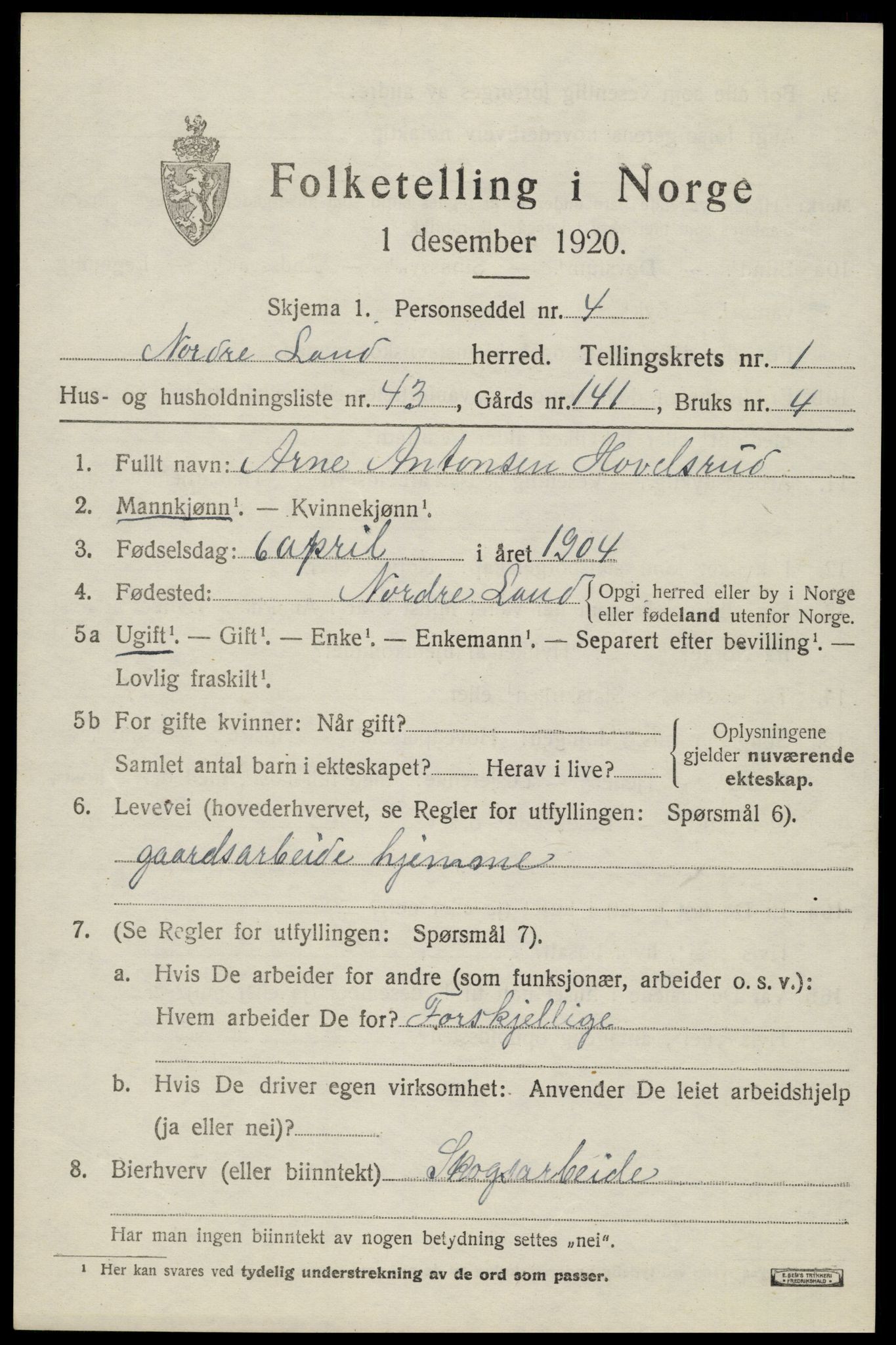 SAH, 1920 census for Nordre Land, 1920, p. 1592