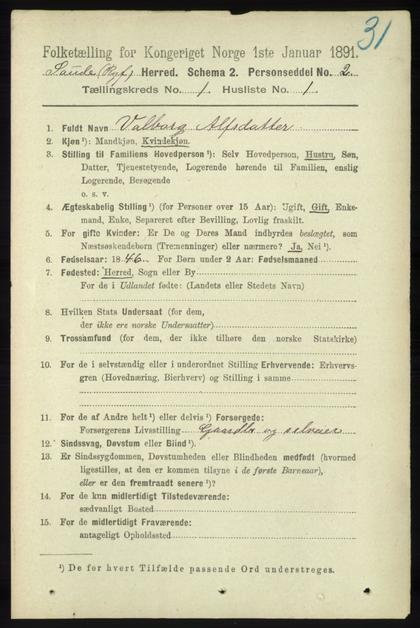 RA, 1891 census for 1135 Sauda, 1891, p. 99