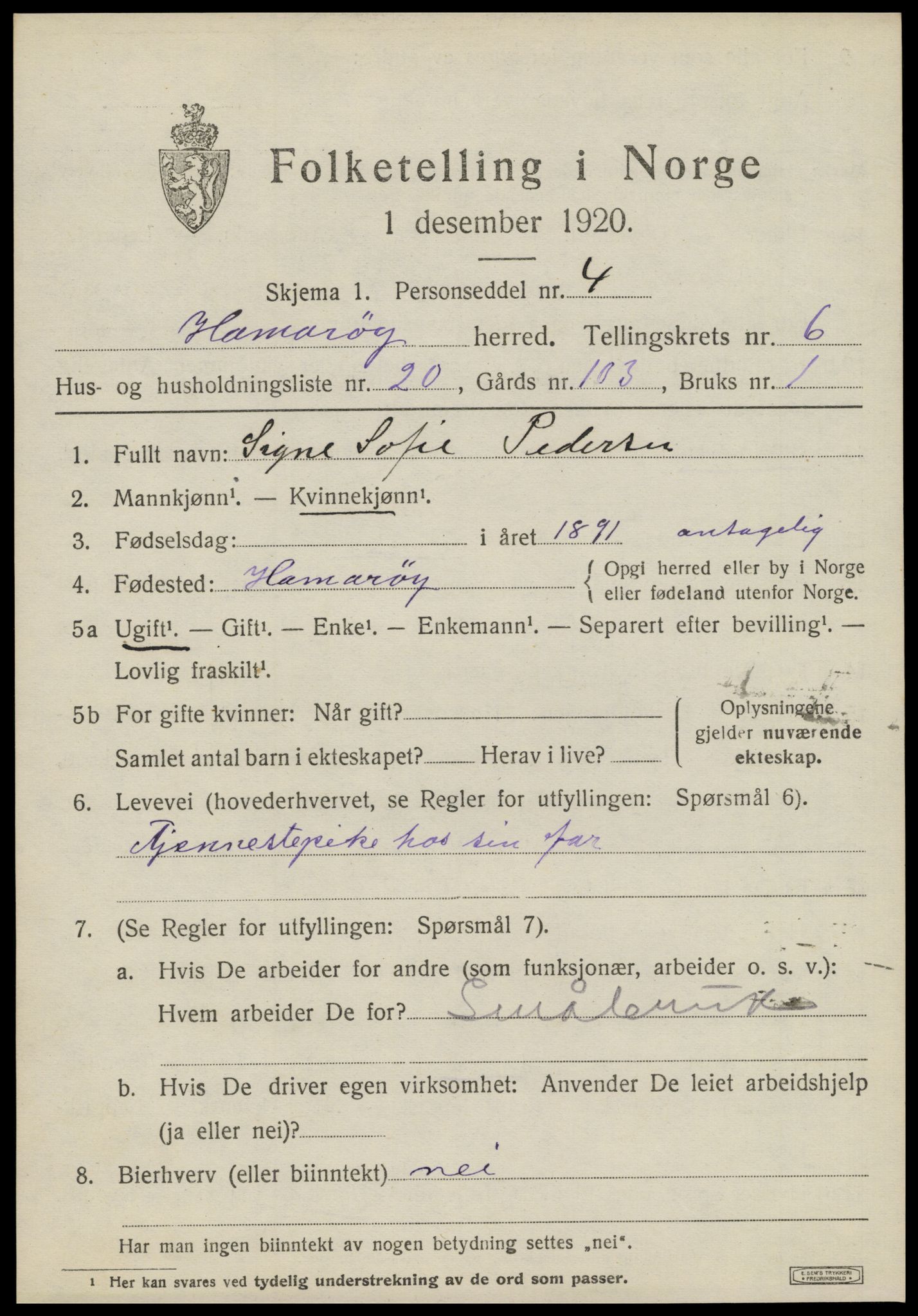 SAT, 1920 census for Hamarøy, 1920, p. 3174