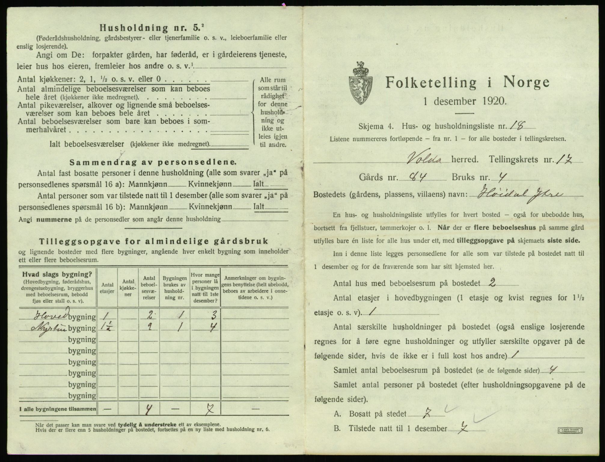 SAT, 1920 census for Volda, 1920, p. 1274