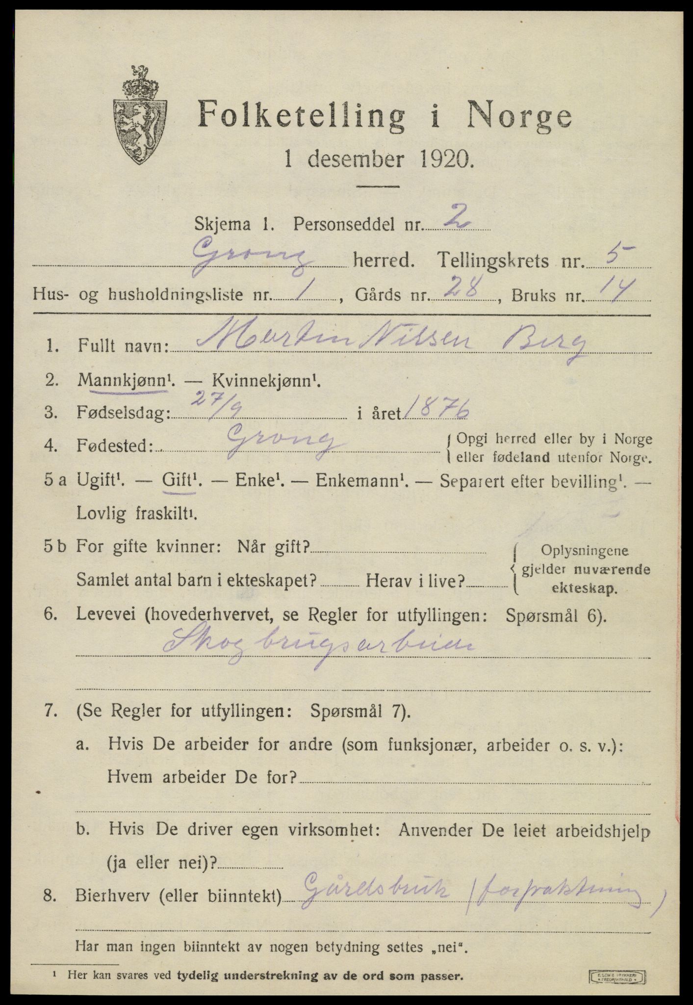 SAT, 1920 census for Grong, 1920, p. 3285