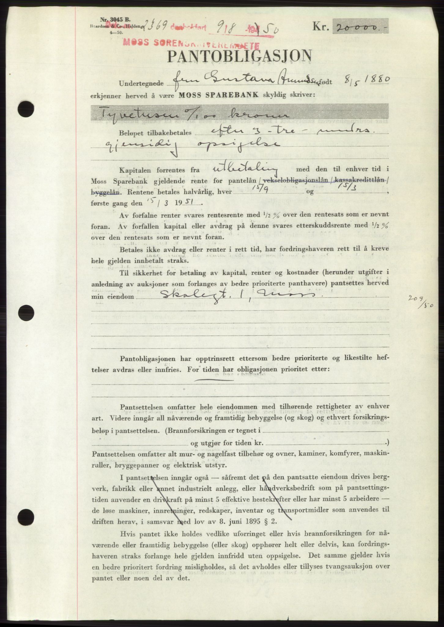 Moss sorenskriveri, AV/SAO-A-10168: Mortgage book no. B24, 1950-1950, Diary no: : 2369/1950