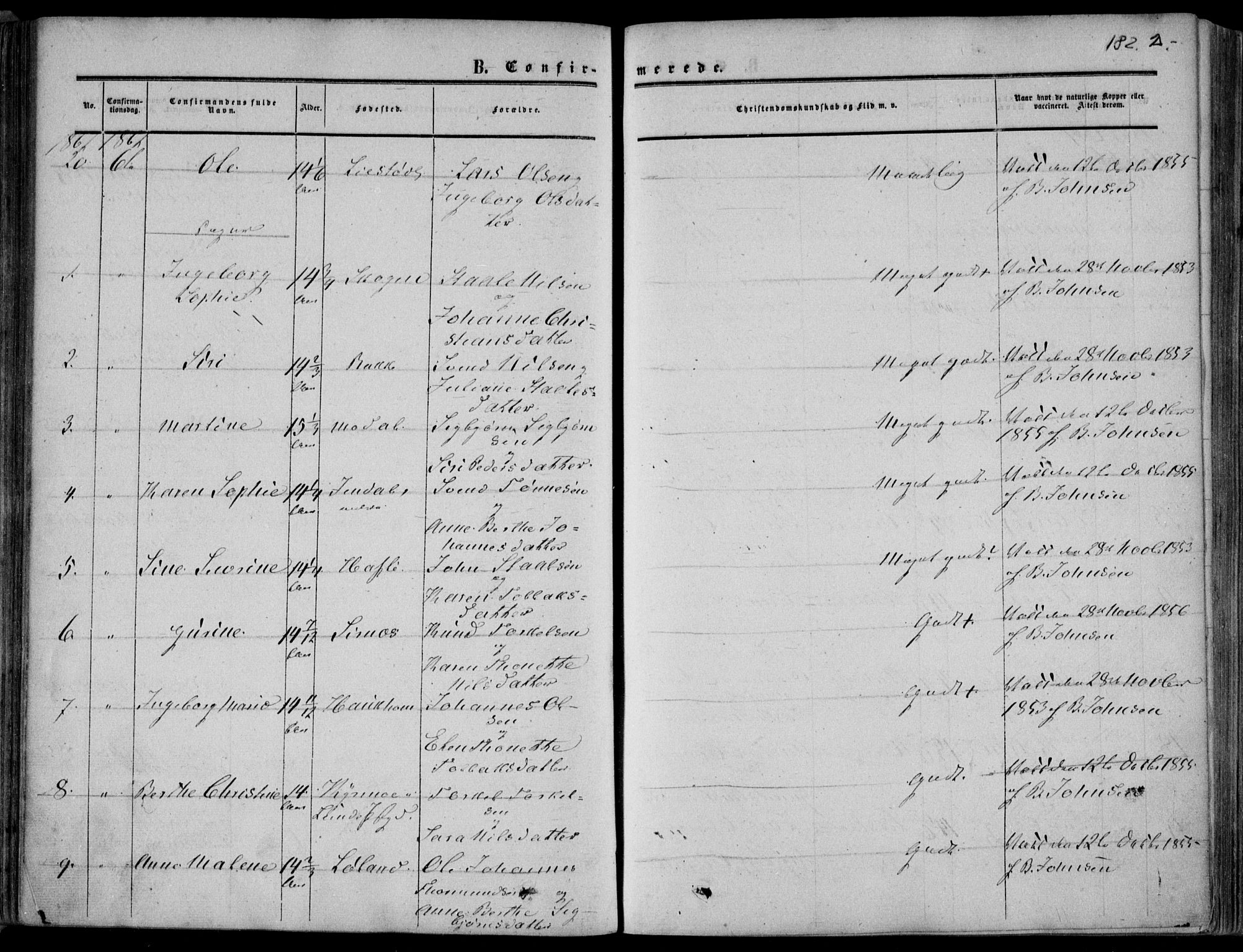 Bakke sokneprestkontor, AV/SAK-1111-0002/F/Fa/Faa/L0006: Parish register (official) no. A 6, 1855-1877, p. 182