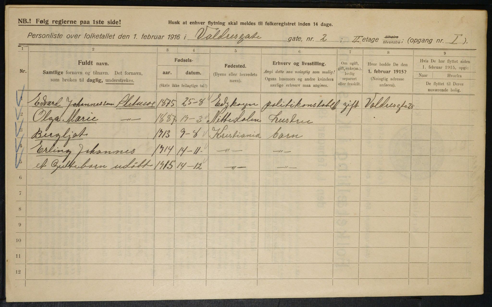 OBA, Municipal Census 1916 for Kristiania, 1916, p. 125362