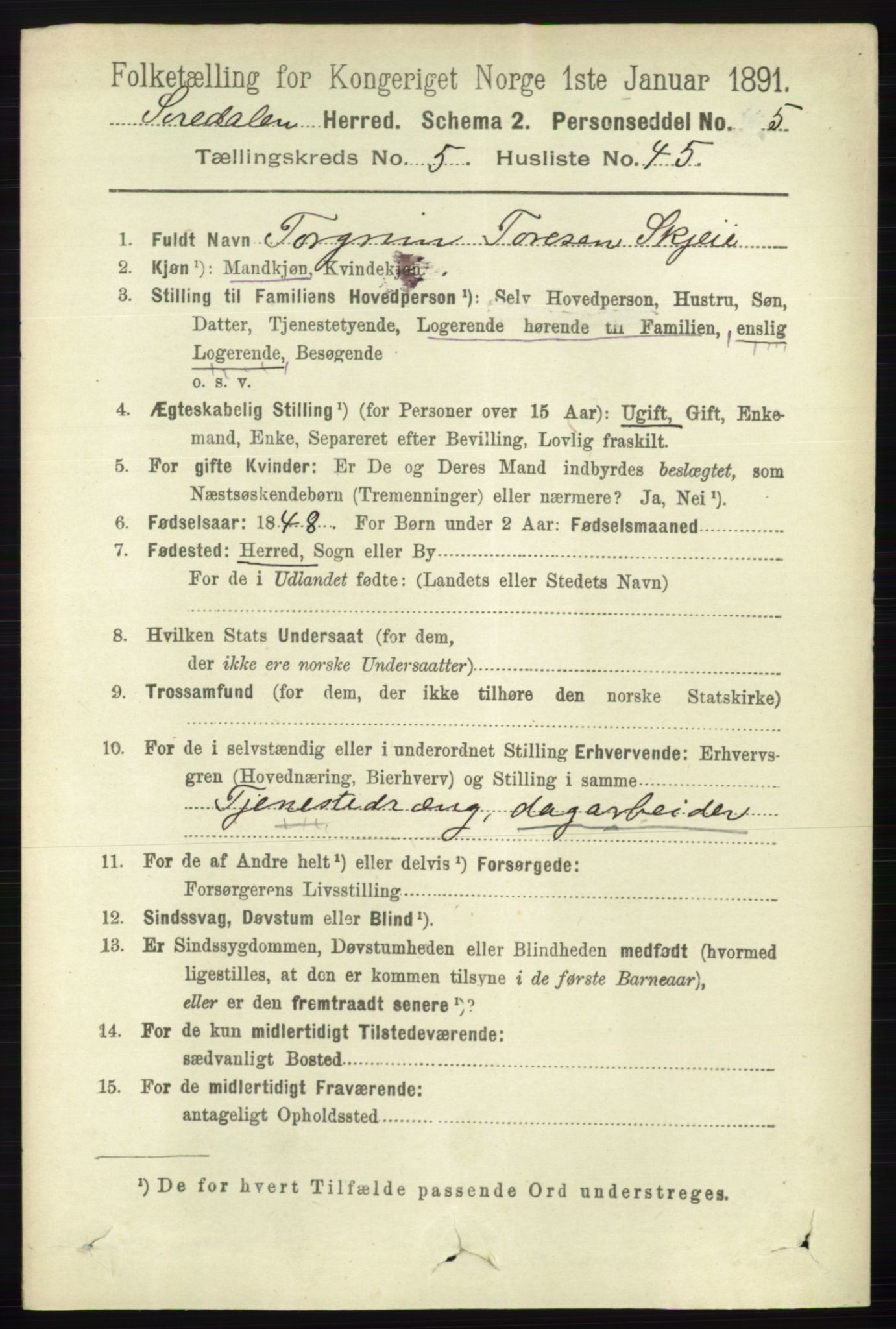 RA, 1891 census for 1046 Sirdal, 1891, p. 1589