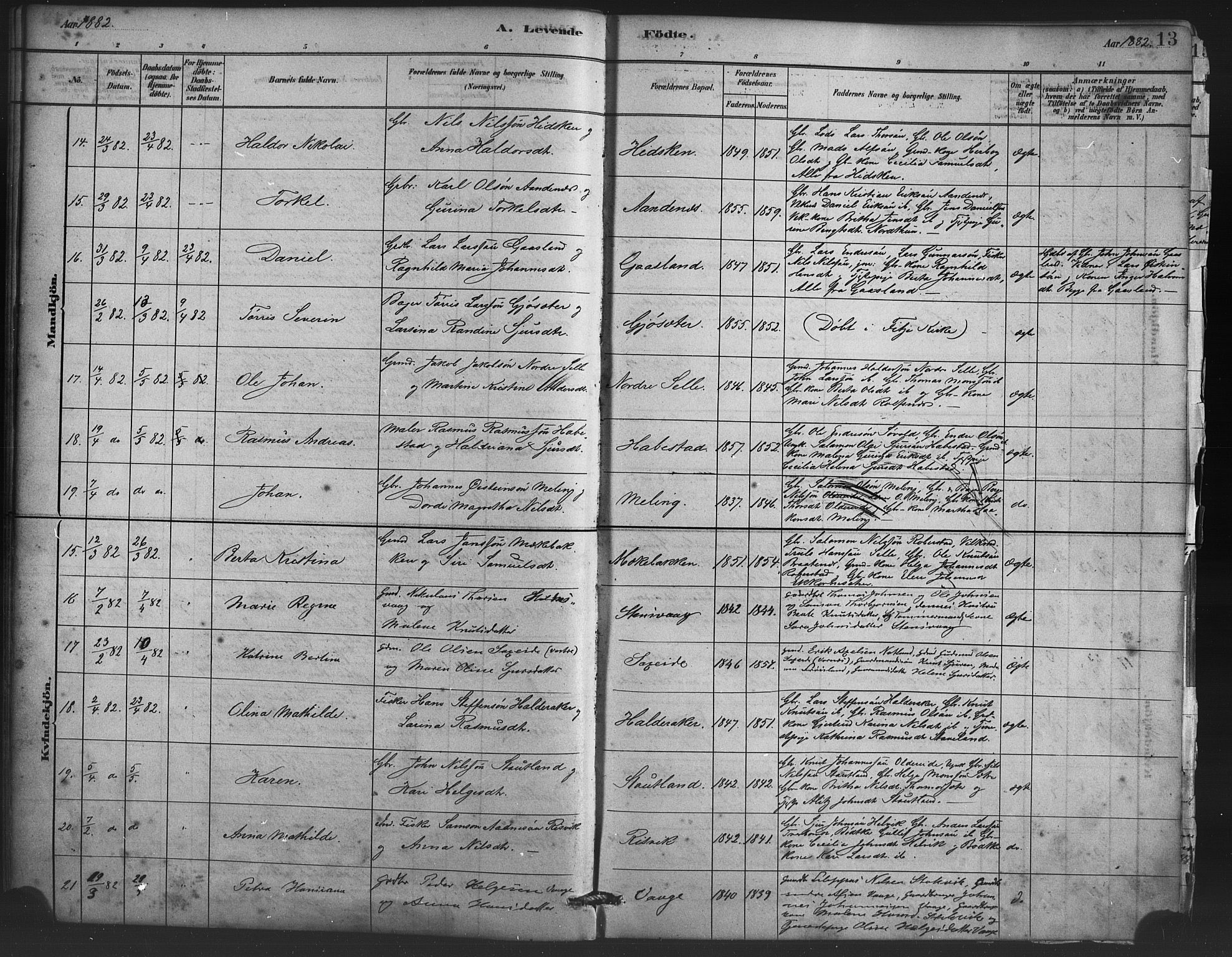 Finnås sokneprestembete, AV/SAB-A-99925/H/Ha/Haa/Haac/L0001: Parish register (official) no. C 1, 1881-1894, p. 13