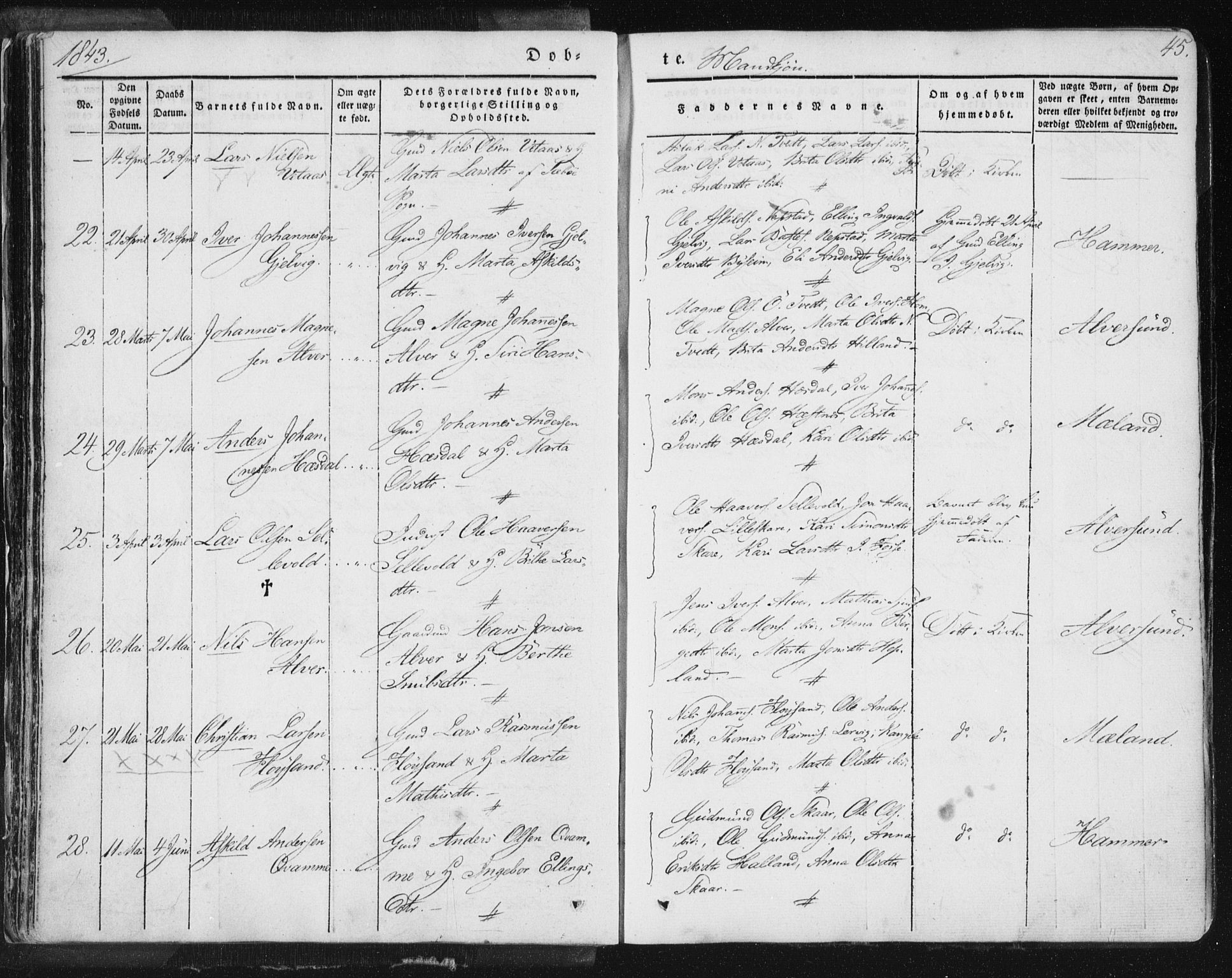 Hamre sokneprestembete, AV/SAB-A-75501/H/Ha/Haa/Haaa/L0012: Parish register (official) no. A 12, 1834-1845, p. 45