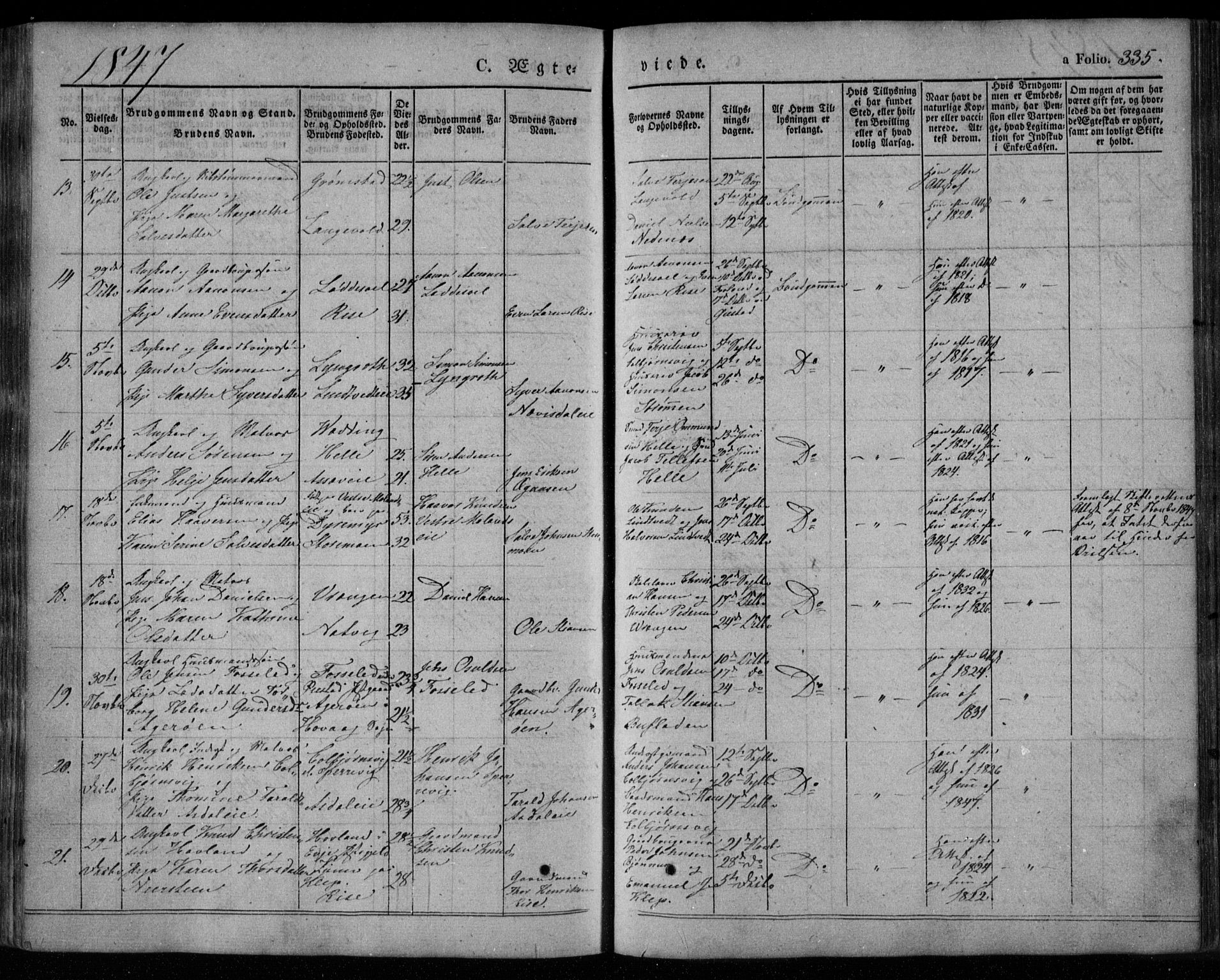 Øyestad sokneprestkontor, SAK/1111-0049/F/Fa/L0014: Parish register (official) no. A 14, 1843-1856, p. 335