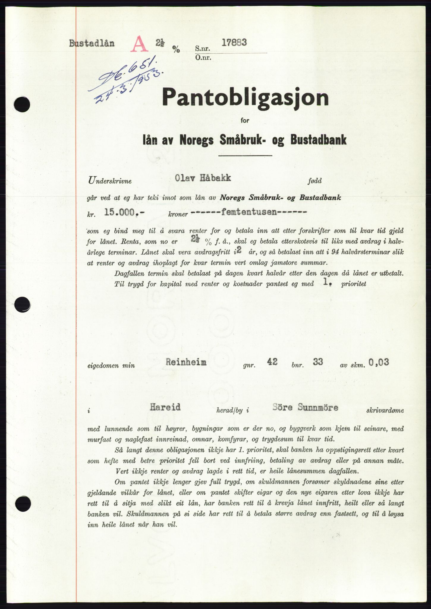 Søre Sunnmøre sorenskriveri, SAT/A-4122/1/2/2C/L0123: Mortgage book no. 11B, 1953-1953, Diary no: : 651/1953