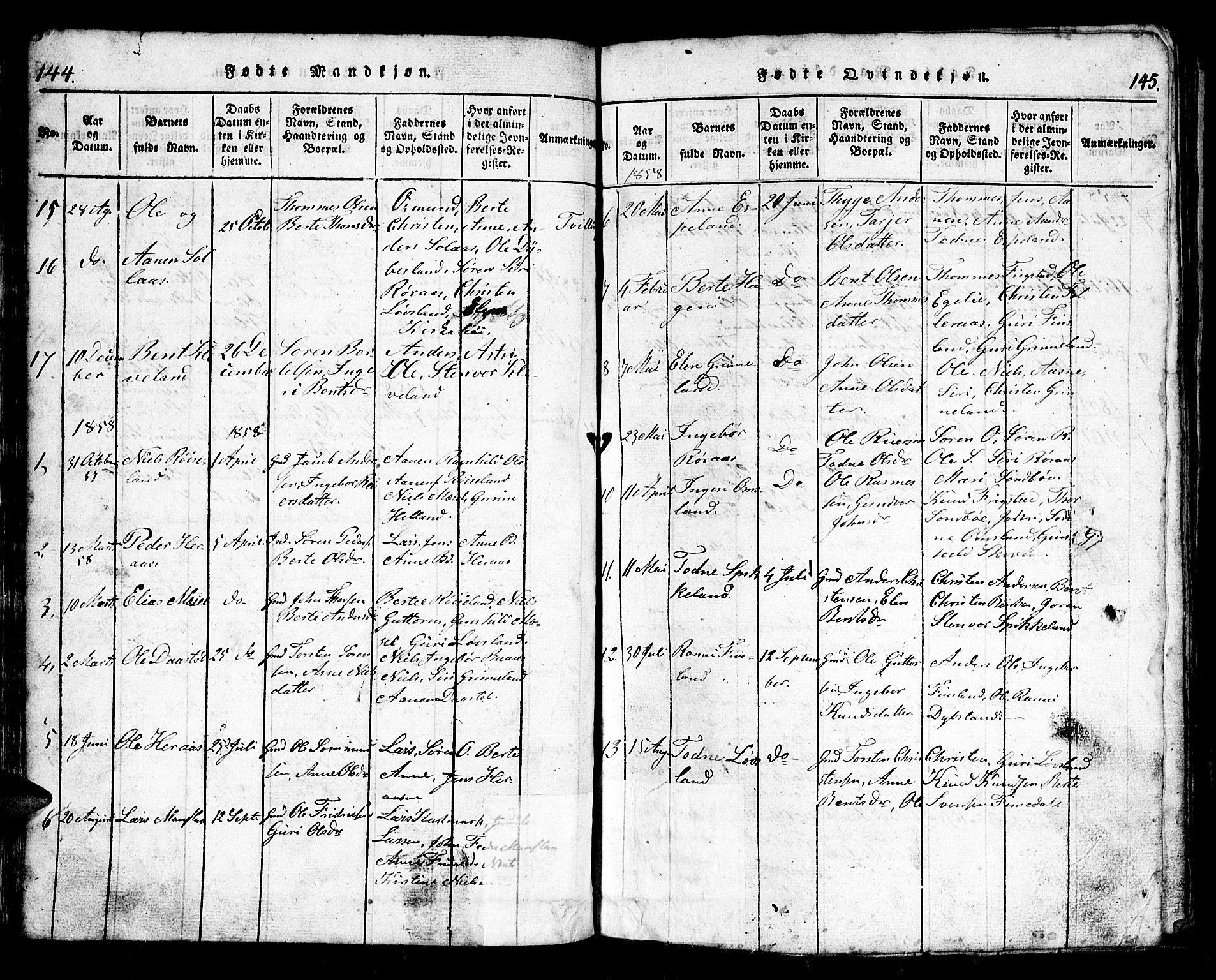 Bjelland sokneprestkontor, SAK/1111-0005/F/Fb/Fbb/L0003: Parish register (copy) no. B 3, 1816-1868, p. 144-145