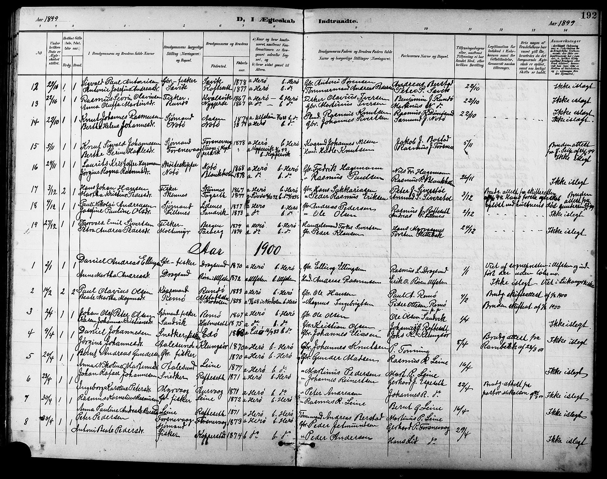Ministerialprotokoller, klokkerbøker og fødselsregistre - Møre og Romsdal, SAT/A-1454/507/L0082: Parish register (copy) no. 507C05, 1896-1914, p. 192