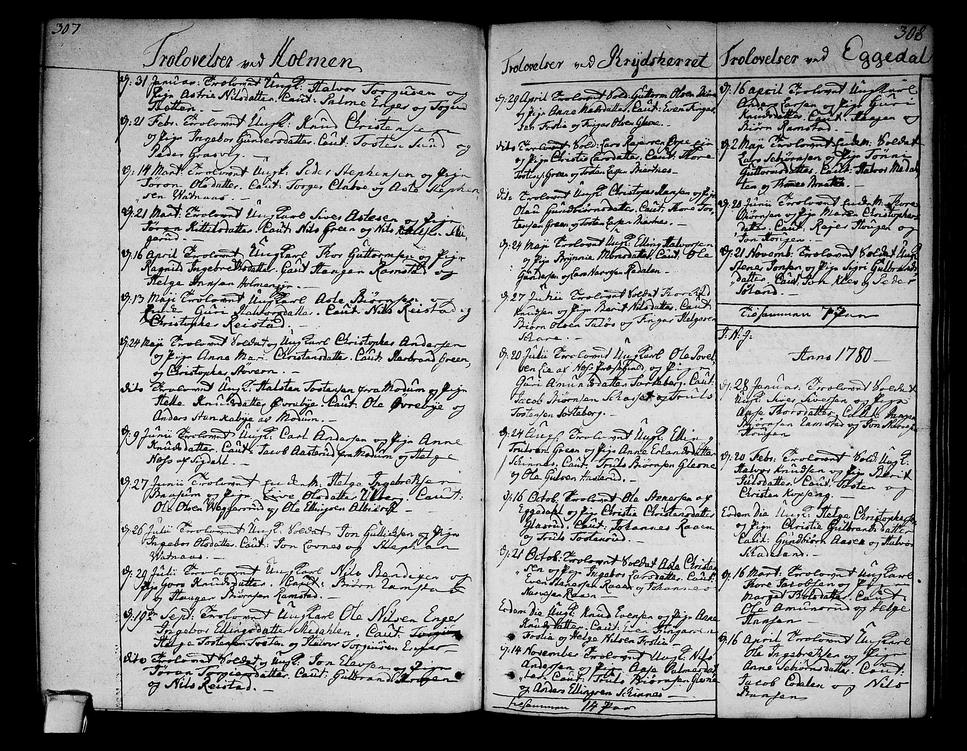 Sigdal kirkebøker, AV/SAKO-A-245/F/Fa/L0002: Parish register (official) no. I 2, 1778-1792, p. 307-308