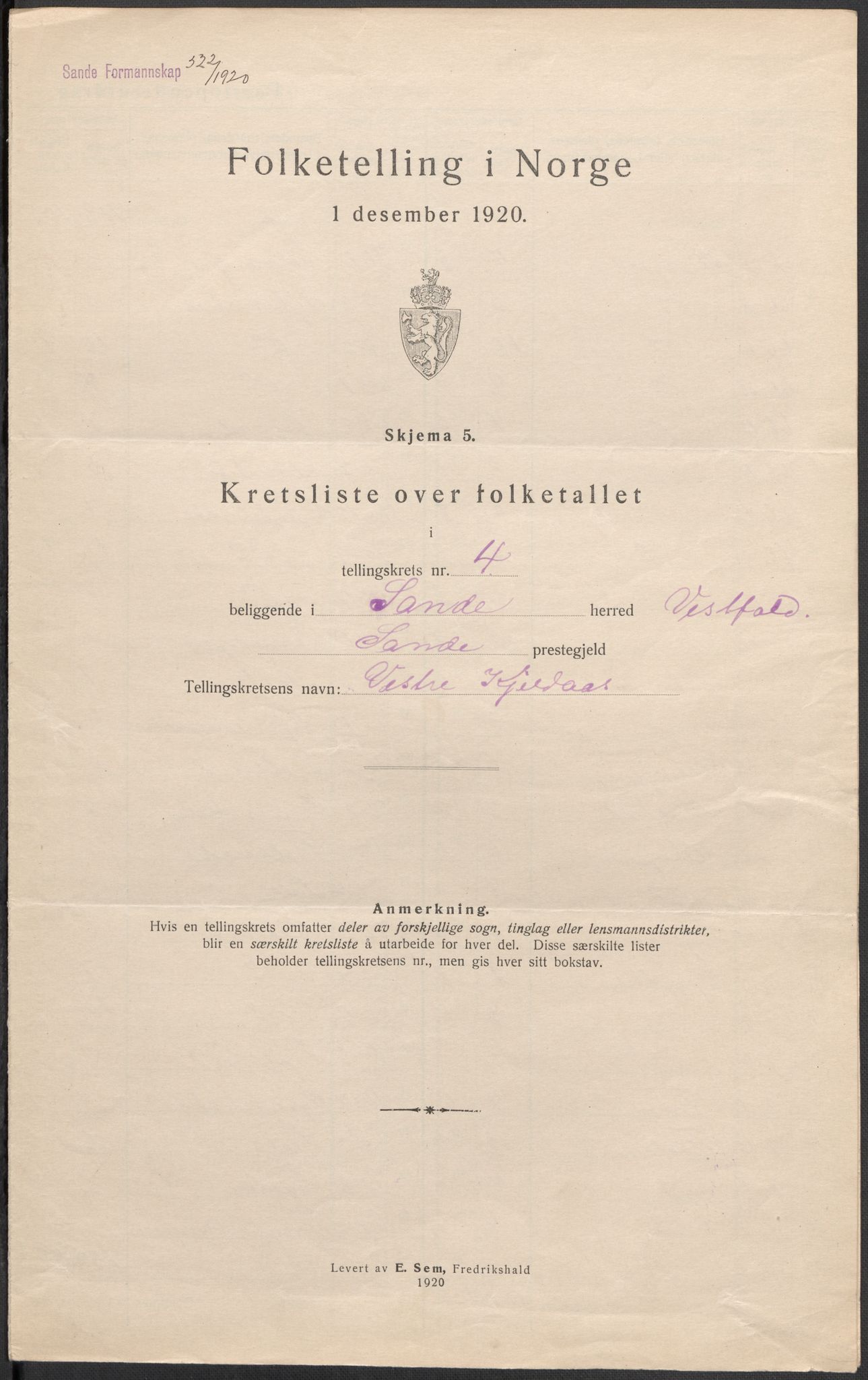 SAKO, 1920 census for Sande, 1920, p. 20