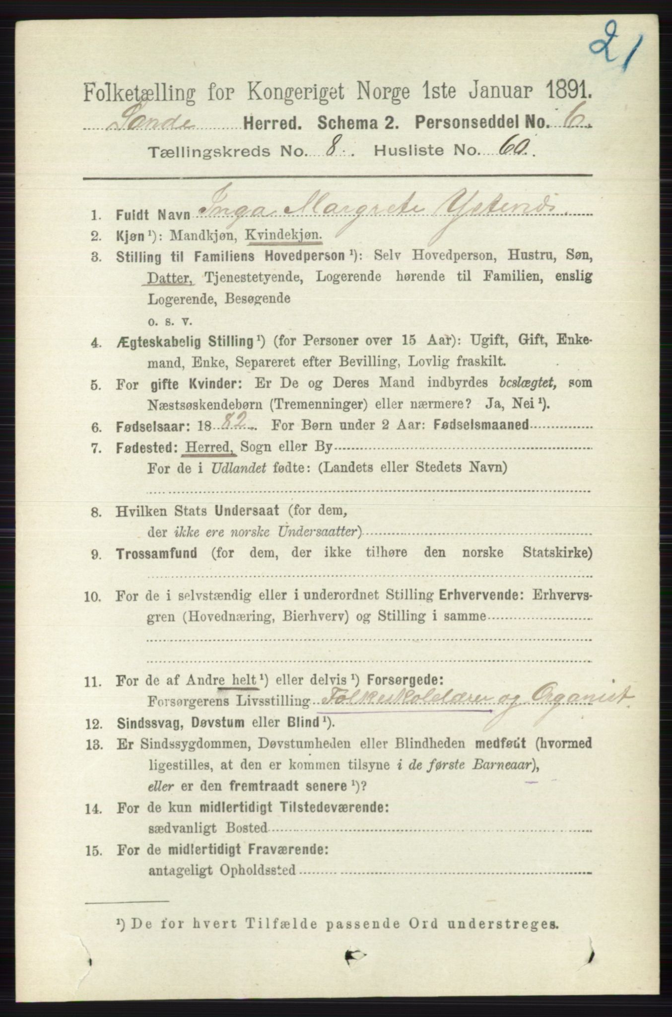 RA, 1891 census for 0713 Sande, 1891, p. 3839