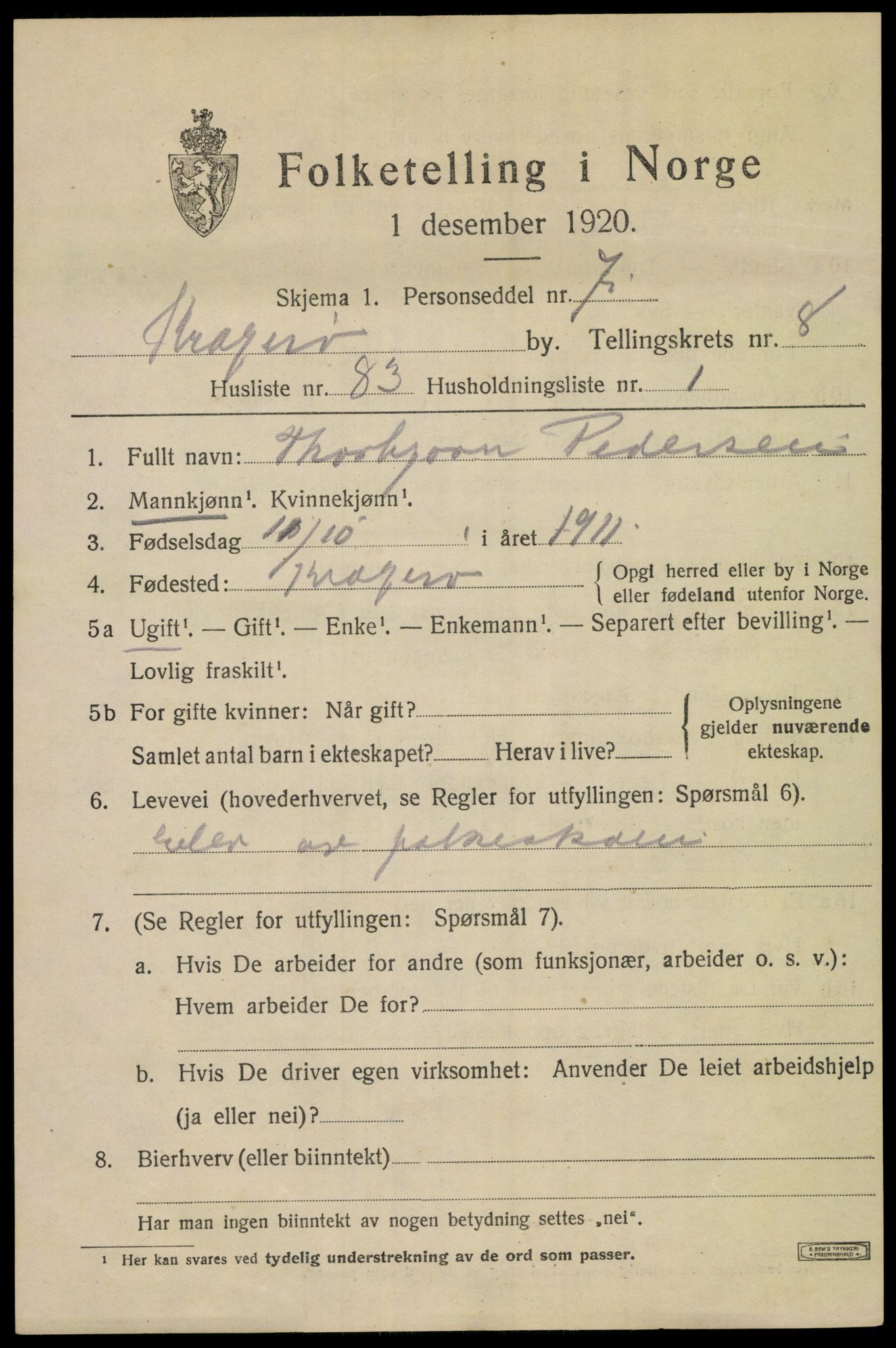 SAKO, 1920 census for Kragerø, 1920, p. 11969