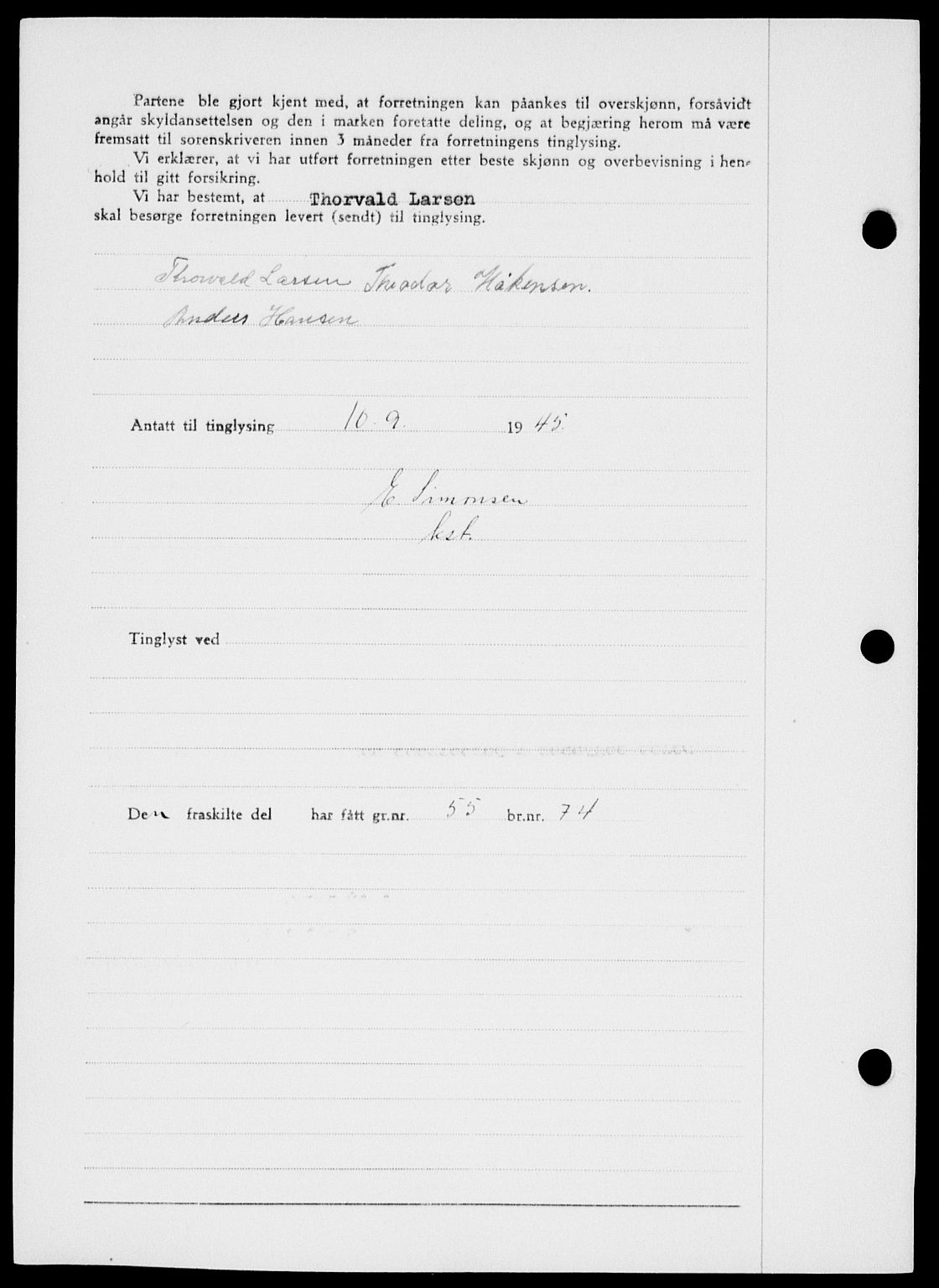 Onsøy sorenskriveri, SAO/A-10474/G/Ga/Gab/L0015: Mortgage book no. II A-15, 1945-1946, Diary no: : 1257/1945