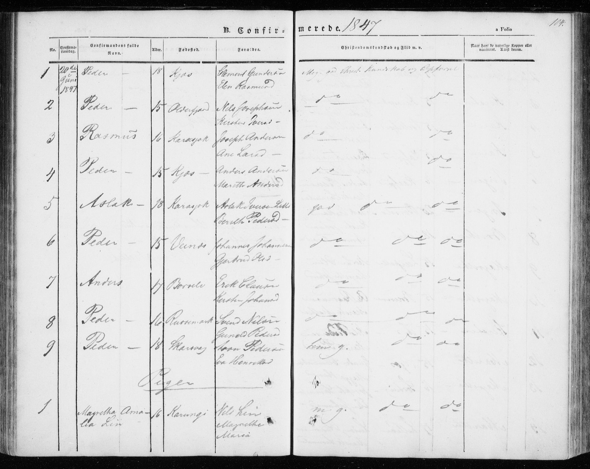 Kistrand/Porsanger sokneprestembete, SATØ/S-1351/H/Ha/L0004.kirke: Parish register (official) no. 4, 1843-1860, p. 104