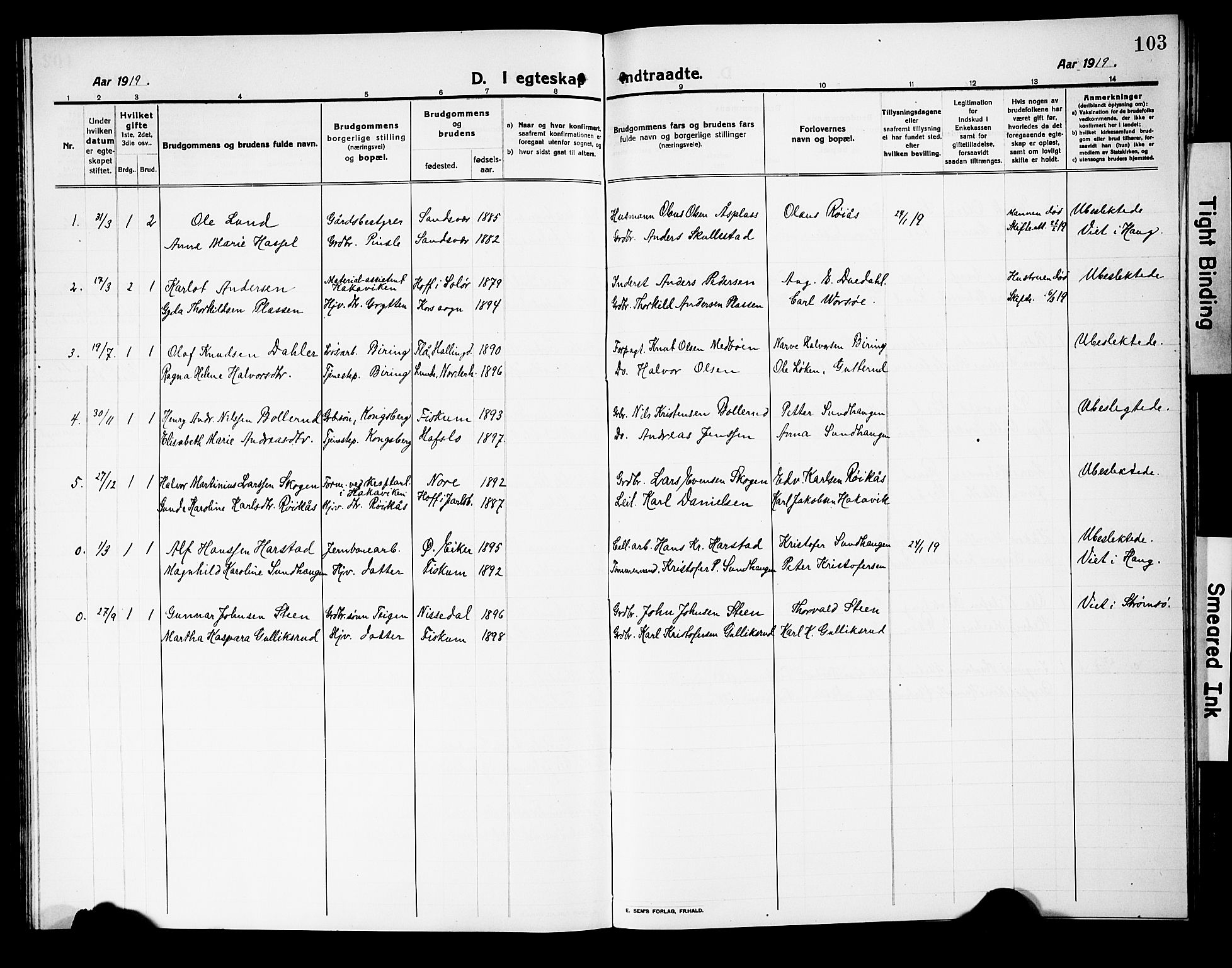 Fiskum kirkebøker, AV/SAKO-A-15/G/Ga/L0006: Parish register (copy) no. 6, 1913-1927, p. 103