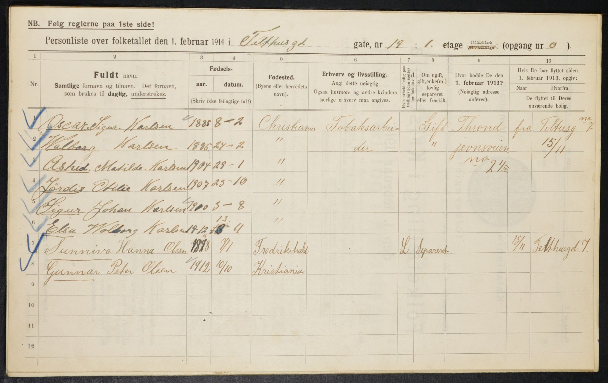 OBA, Municipal Census 1914 for Kristiania, 1914, p. 108487