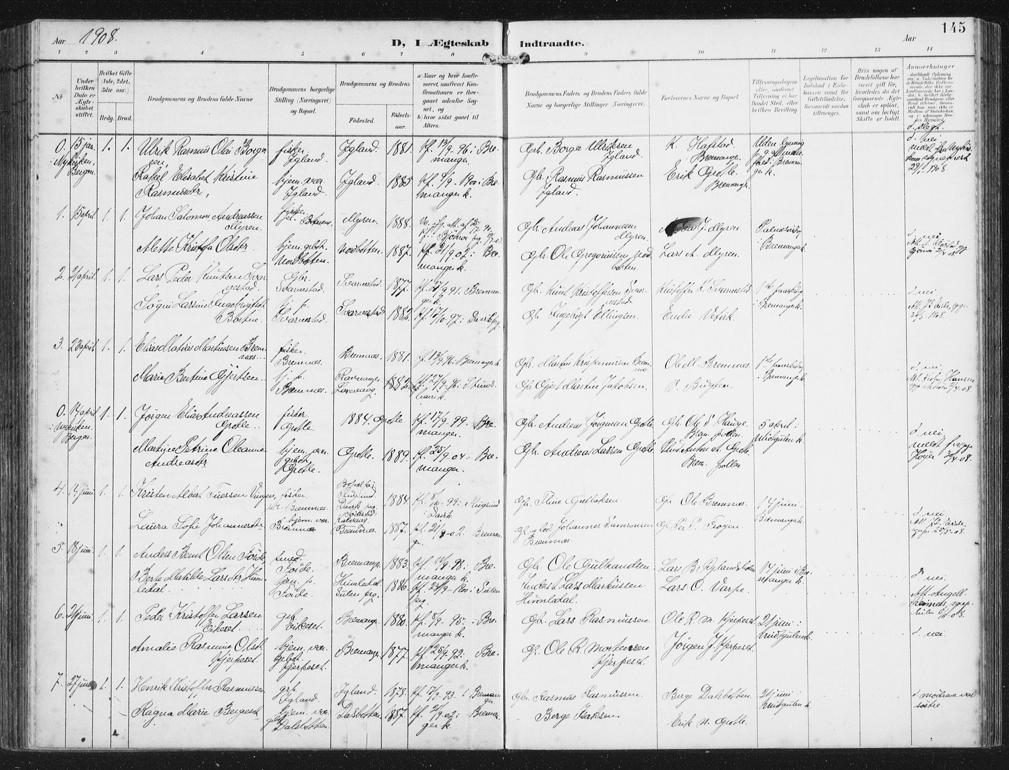 Bremanger sokneprestembete, SAB/A-82201/H/Haa/Haab/L0002: Parish register (official) no. B  2, 1896-1908, p. 145